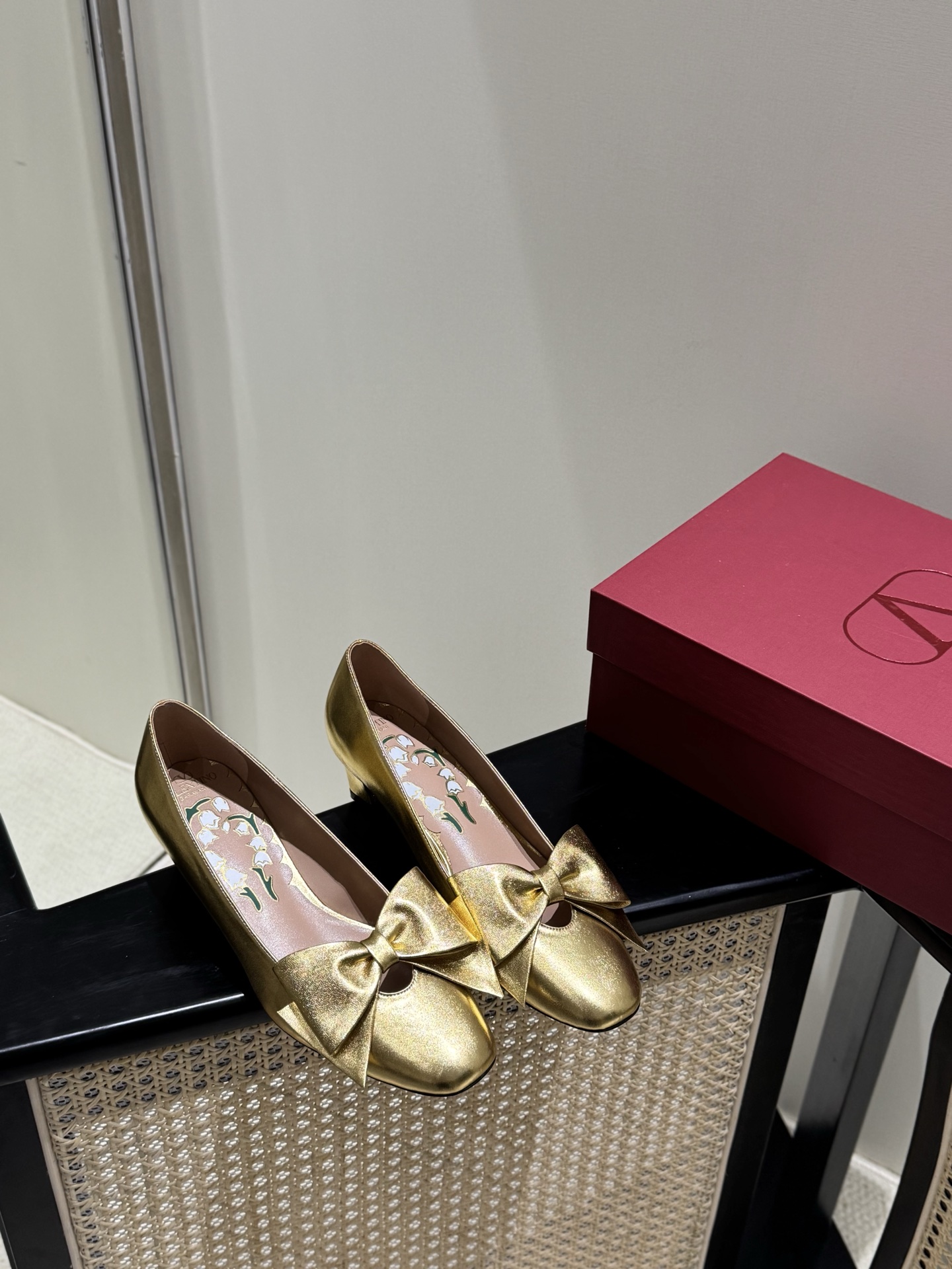 Valentino Mary Jane Bow Fabric Leather Gold