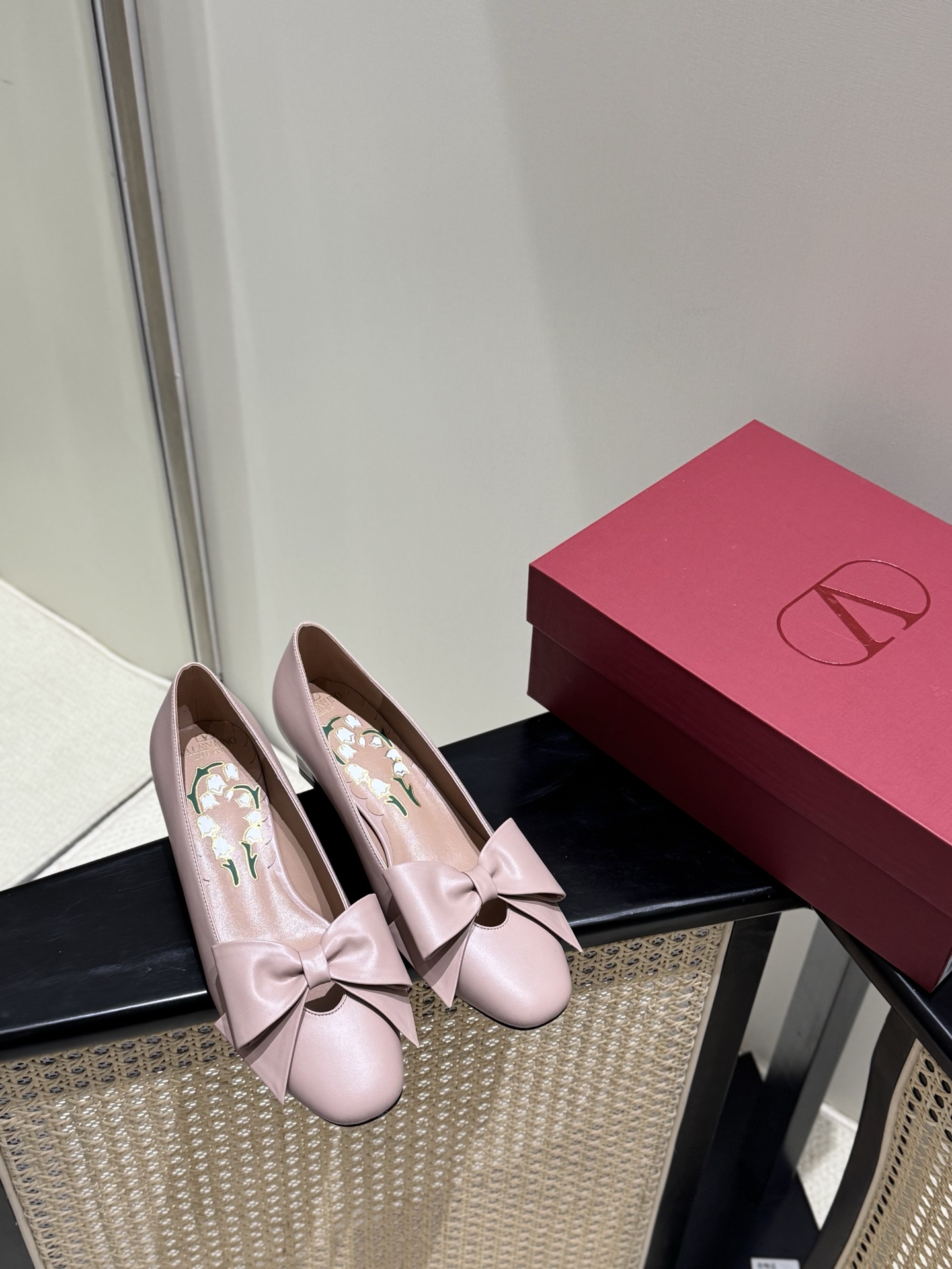 Valentino Mary Jane Bow Fabric Leather Pink