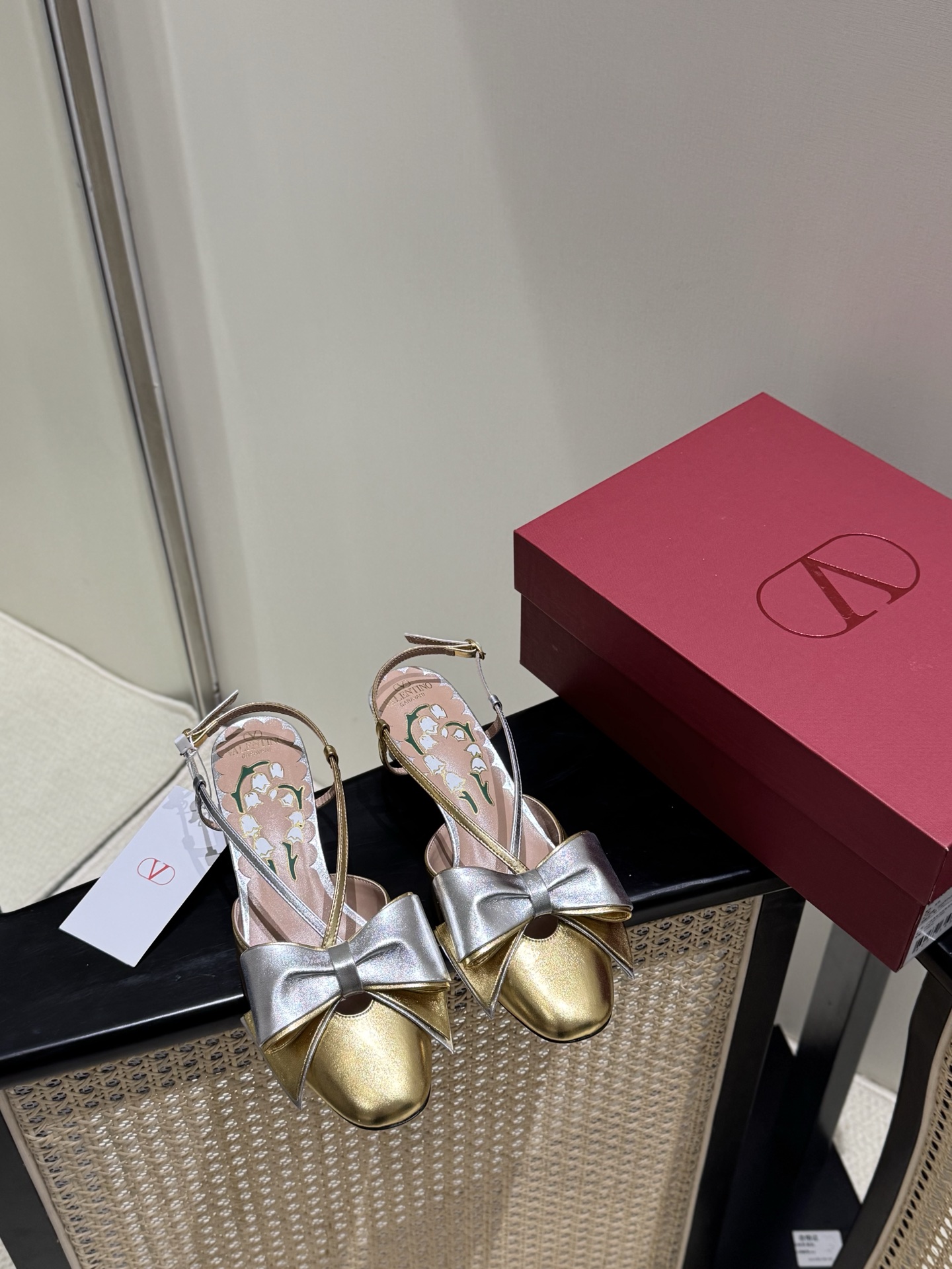 Valentino Mary Jane Bow Fabric Leather Gold