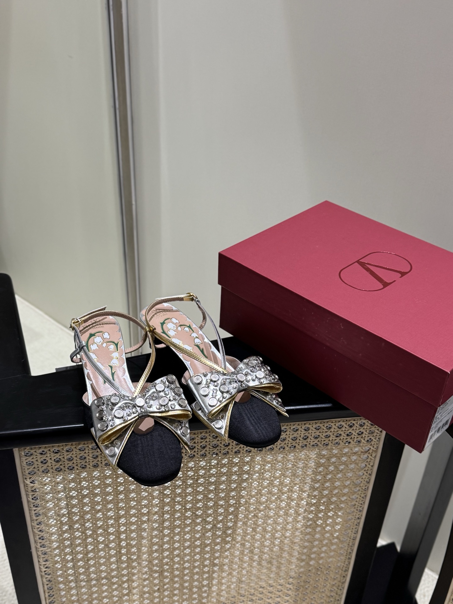 Valentino Mary Jane rhinestone bow fabric calfskin sandals