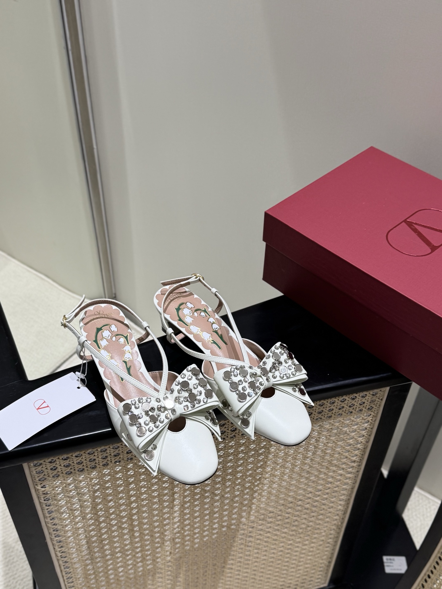 Valentino Mary Jane rhinestone bow fabric calfskin white