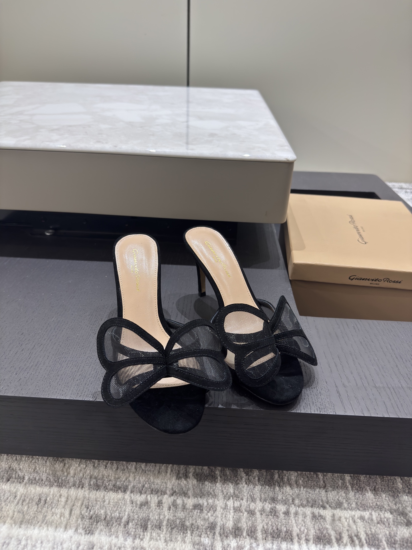 Gianvito Rossi Eiko Stiletto абцас-шпілька тапачкі сандалі авечая скура+сетка+чэшскія стразы 10.5cm/8cm