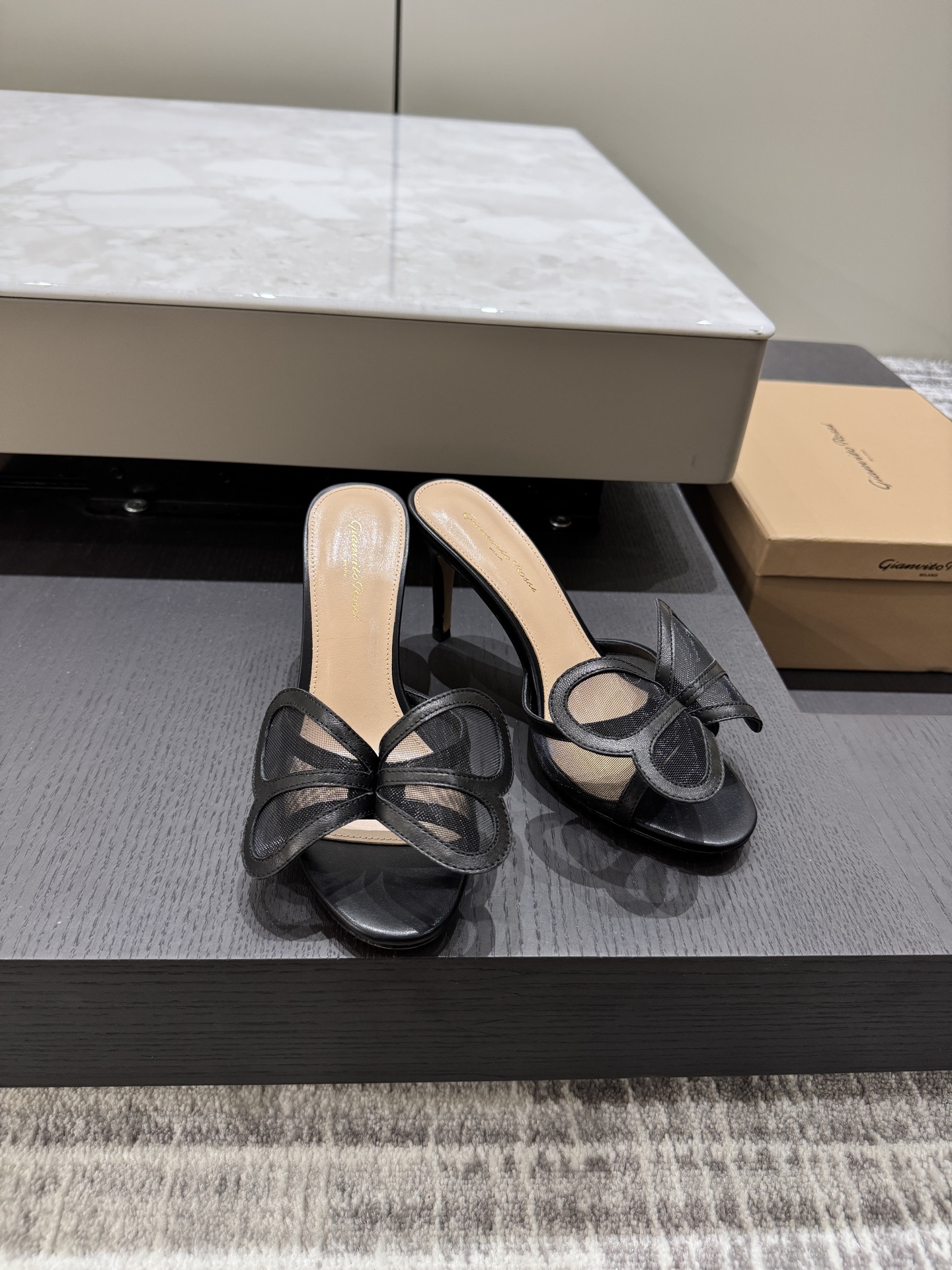 Gianvito Rossi Eiko Stiletto 小高跟 拖鞋 凉鞋 羊京+网纱+捷克钻 10.5cm/8cm