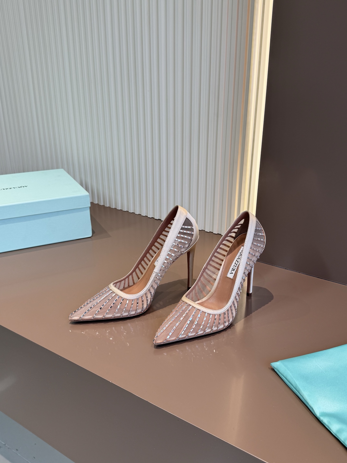Aquazzura Pointed Toe Mesh Crystal Embellished Cutout Silk High Heels