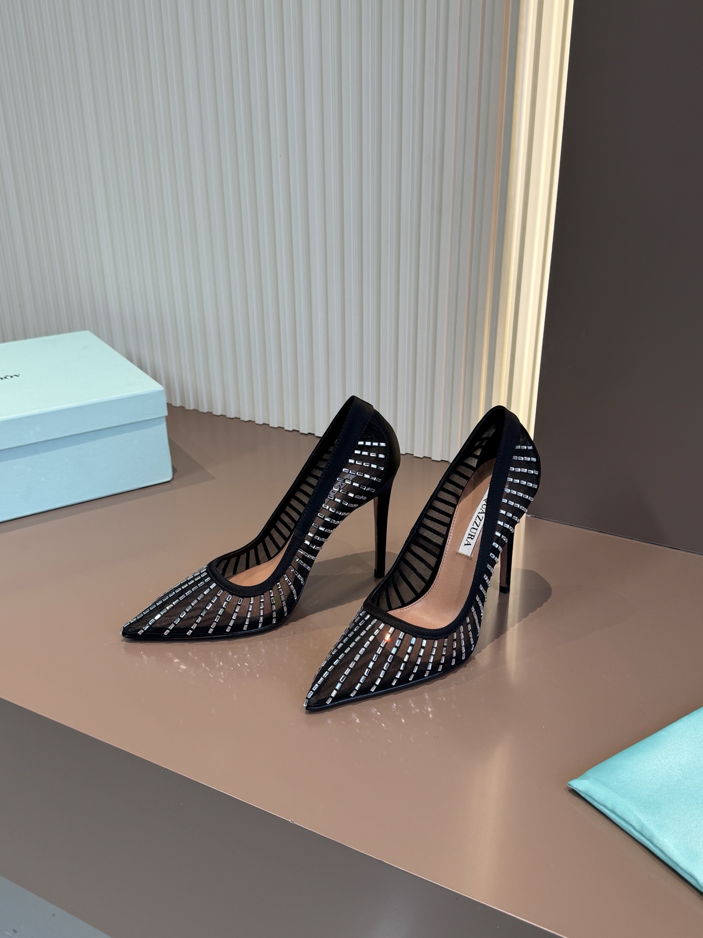 Aquazzura High Heels Mesh Rhinestone Silk Pointed Toe Stiletto