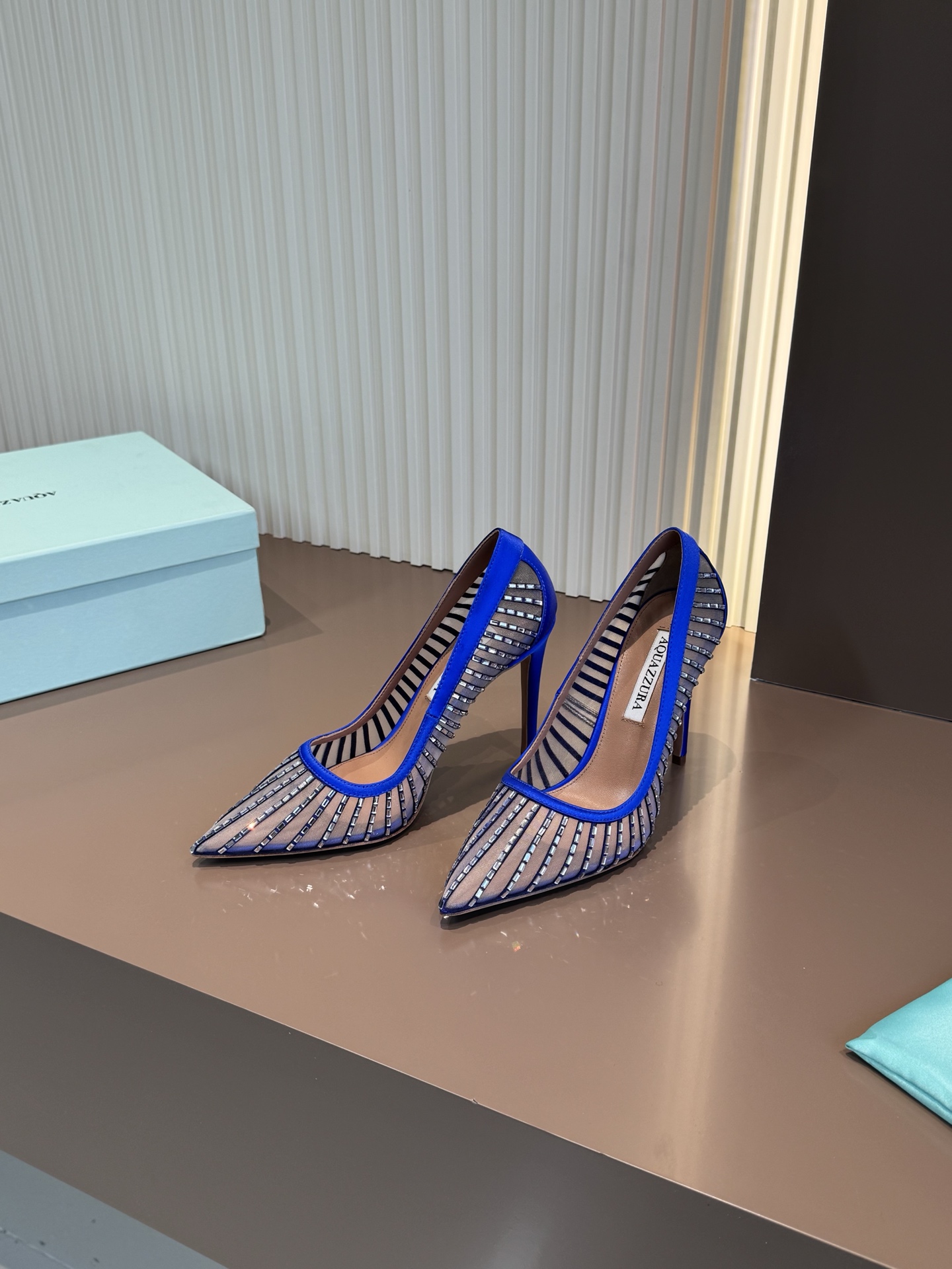 Aquazzura High Heels Mesh Rhinestone Silk Pointed Toe Stiletto