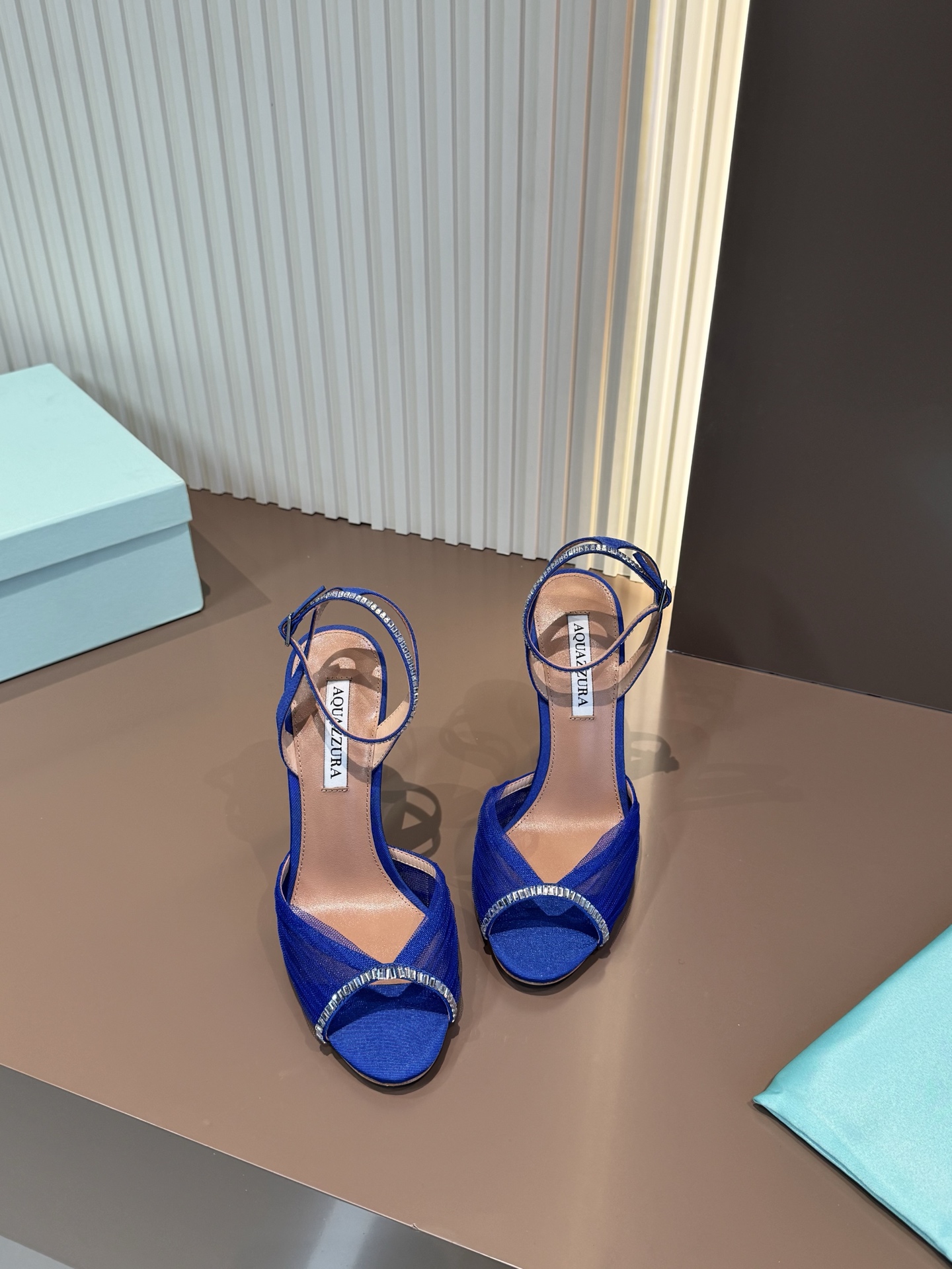 Aquazzura Sandals Sheepskin Rhinestone High Heel Blue