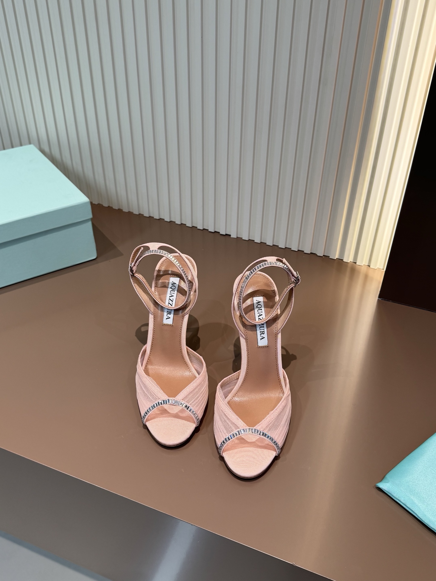 Aquazzura Sandals Sheepskin Rhinestone High Heel Pink