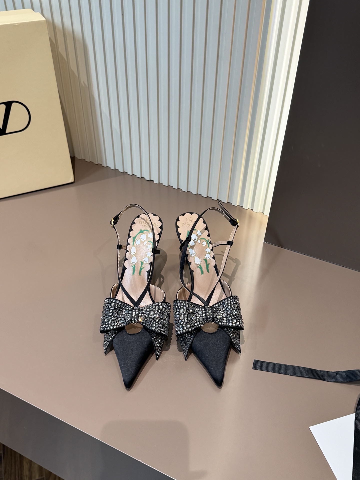 Valentino Pointed Toe Rhinestone Bow Satin High Heels