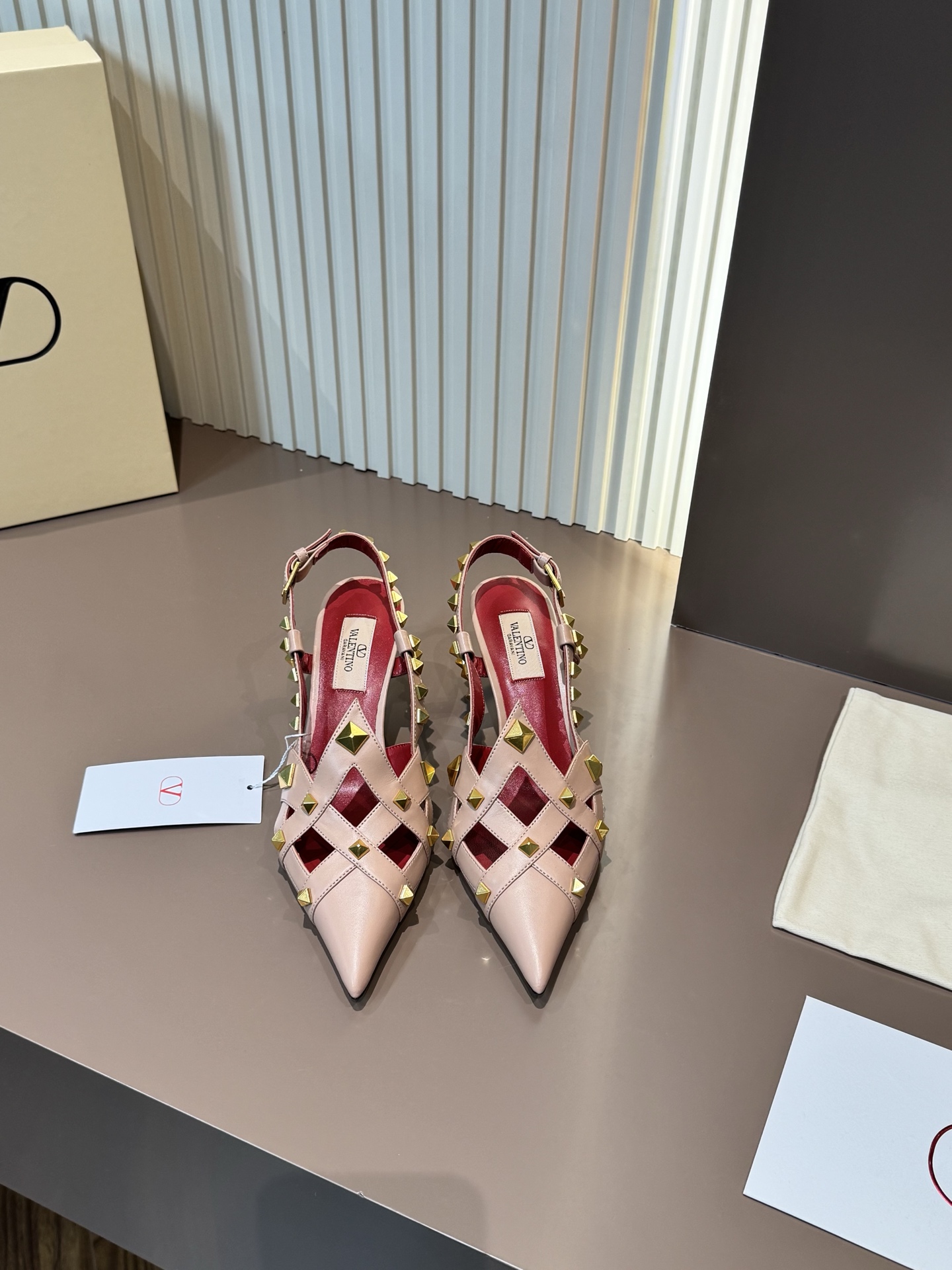 Valentino Rockstud leather pointed-toe cutout sandals pink