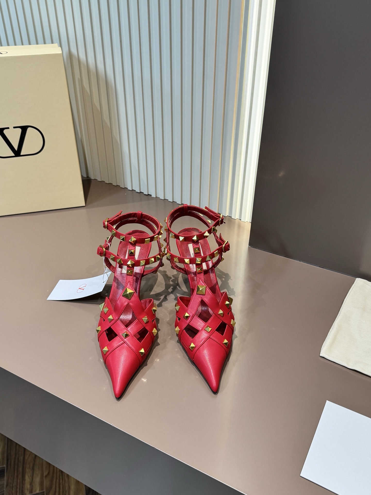 Valentino Sandals Red Leather Studded Pointed Toe Stiletto