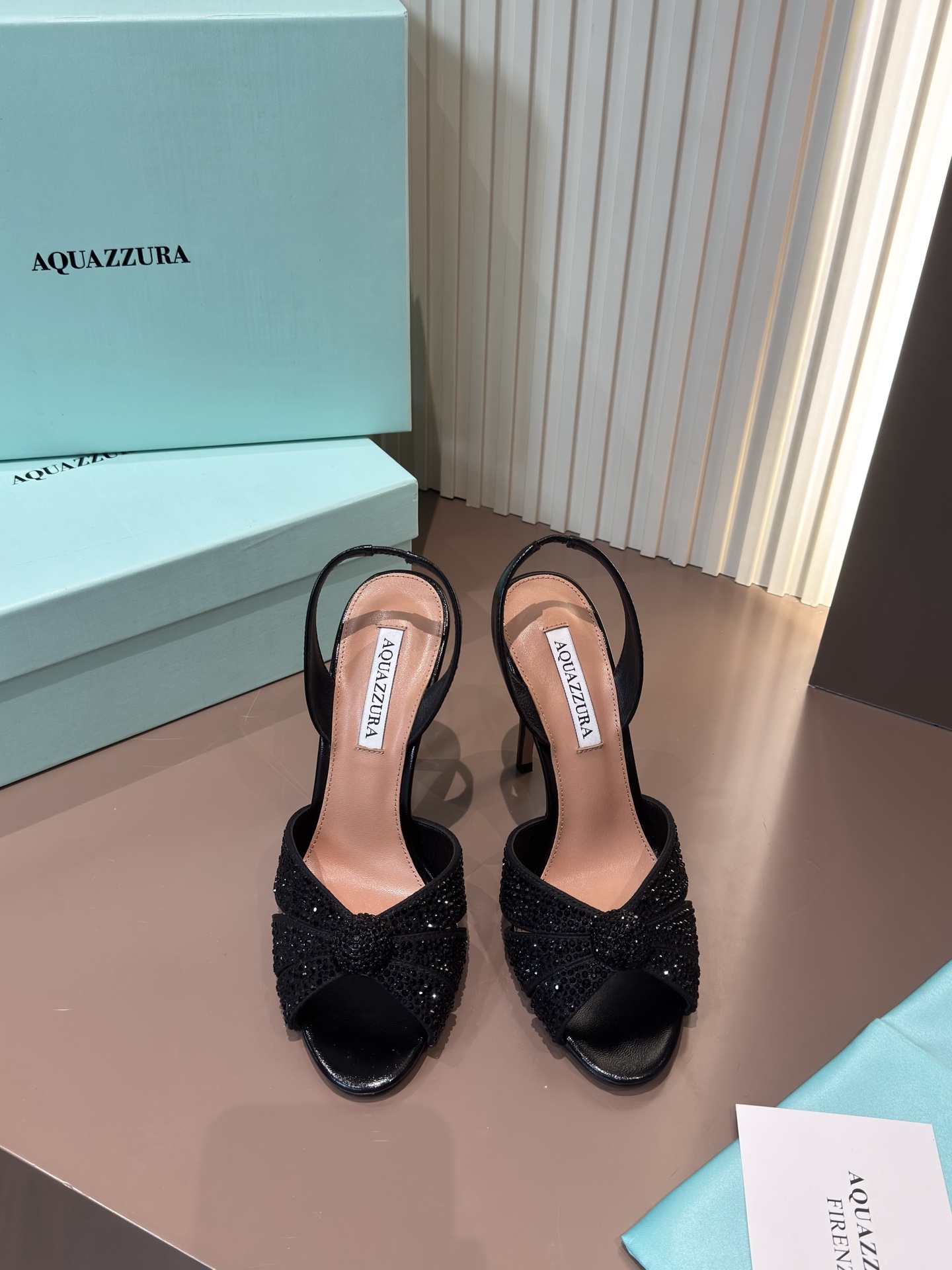 Aquazzura 黑色 網面燙鑽 露趾 細高跟 涼鞋