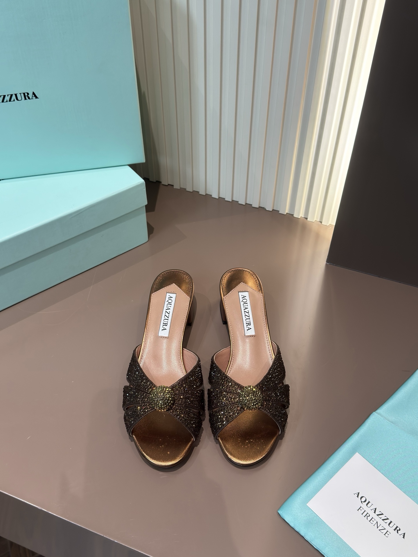 Mules Aquazzura strass résille cuir d'agneau talon carré