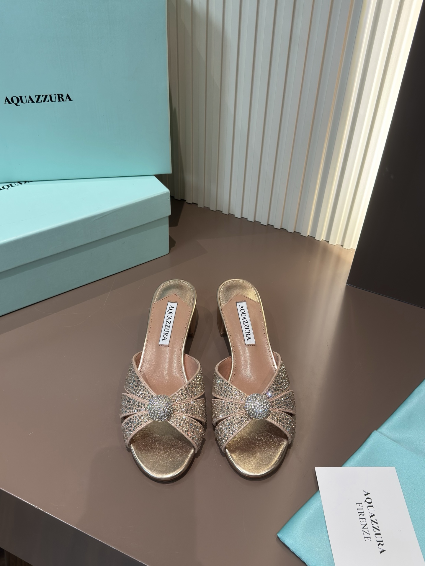 Aquazzura 水鑽 網面 羊皮 粗跟 涼拖