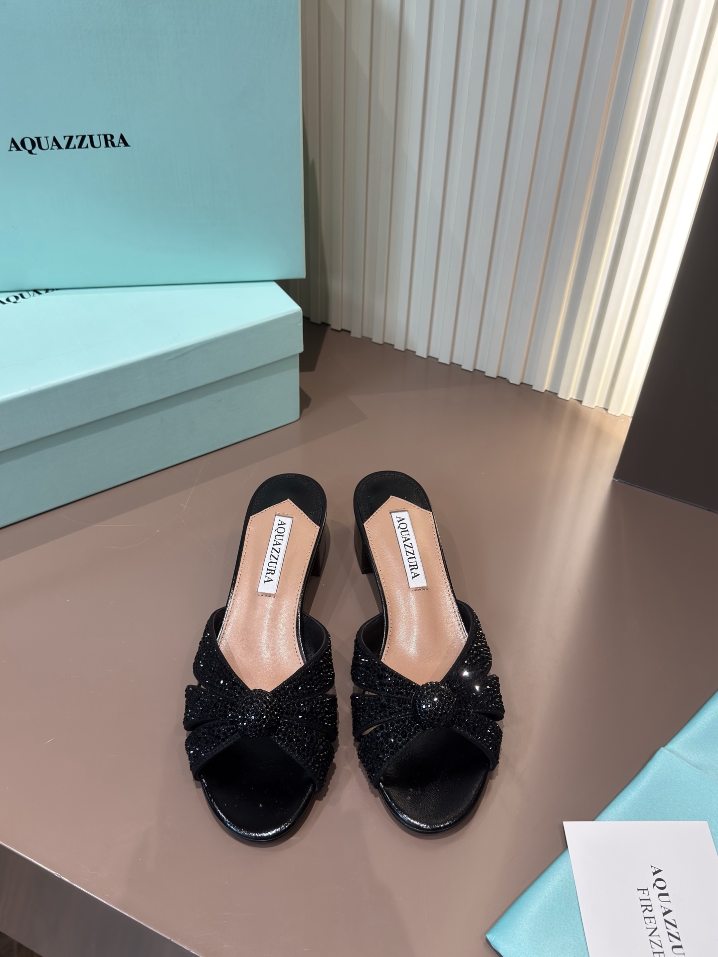 Aquazzura 涼拖 網面燙鑽 羊皮墊腳 黑色