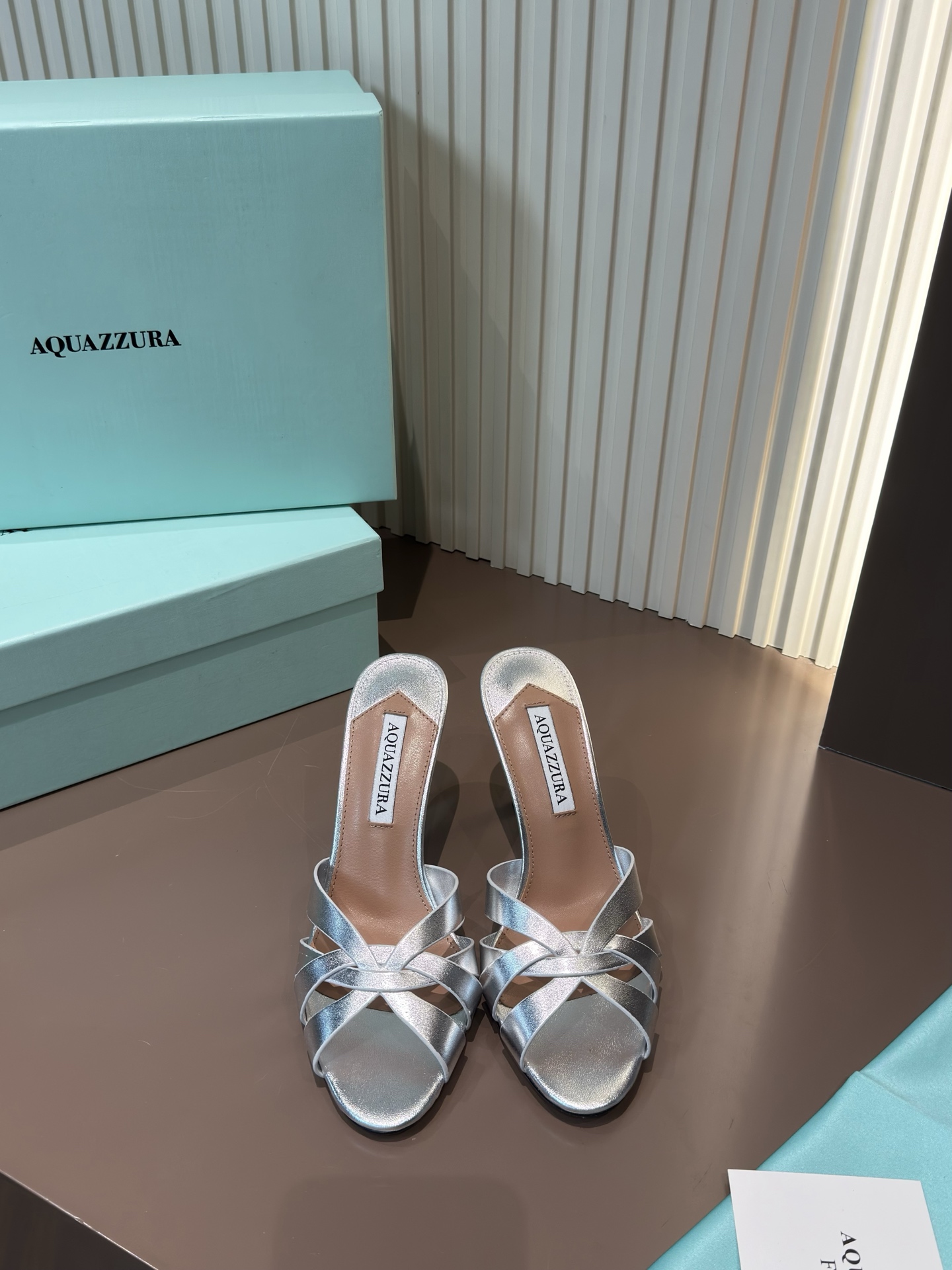 Aquazzura 銀色羊皮編織露趾高跟涼鞋