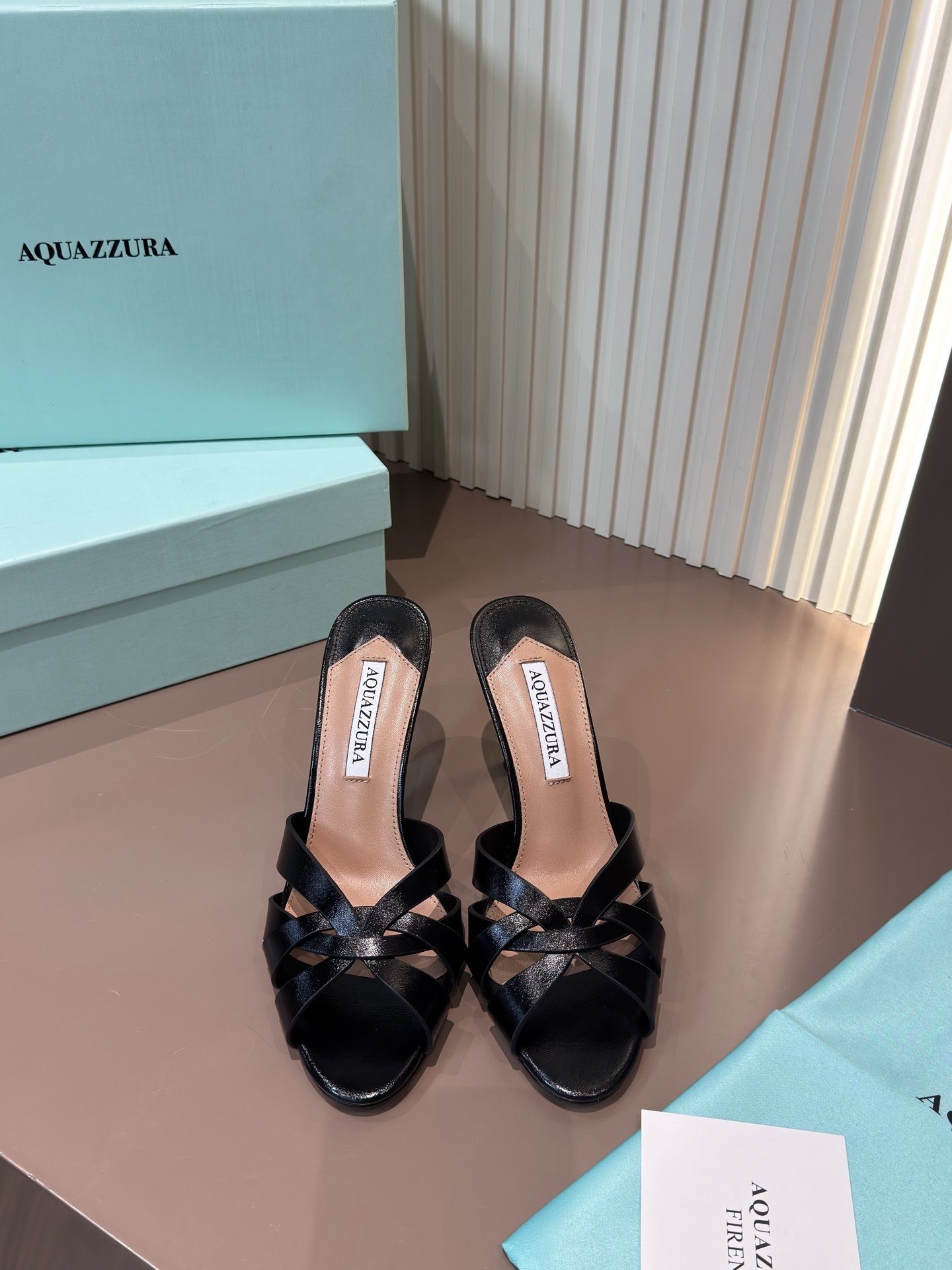 Aquazzura 高跟涼拖 羊皮編織 黑色