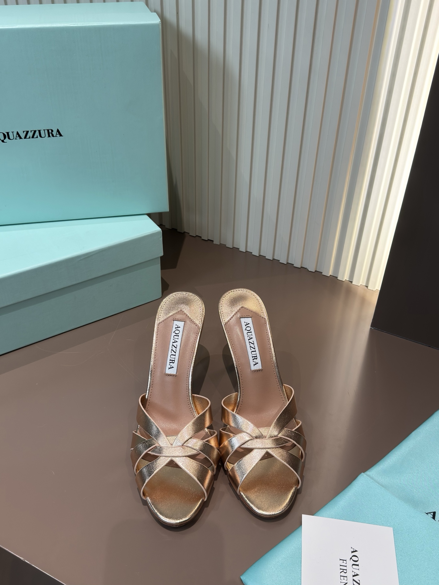 Aquazzura 涼拖 羊皮編織 金色 高跟