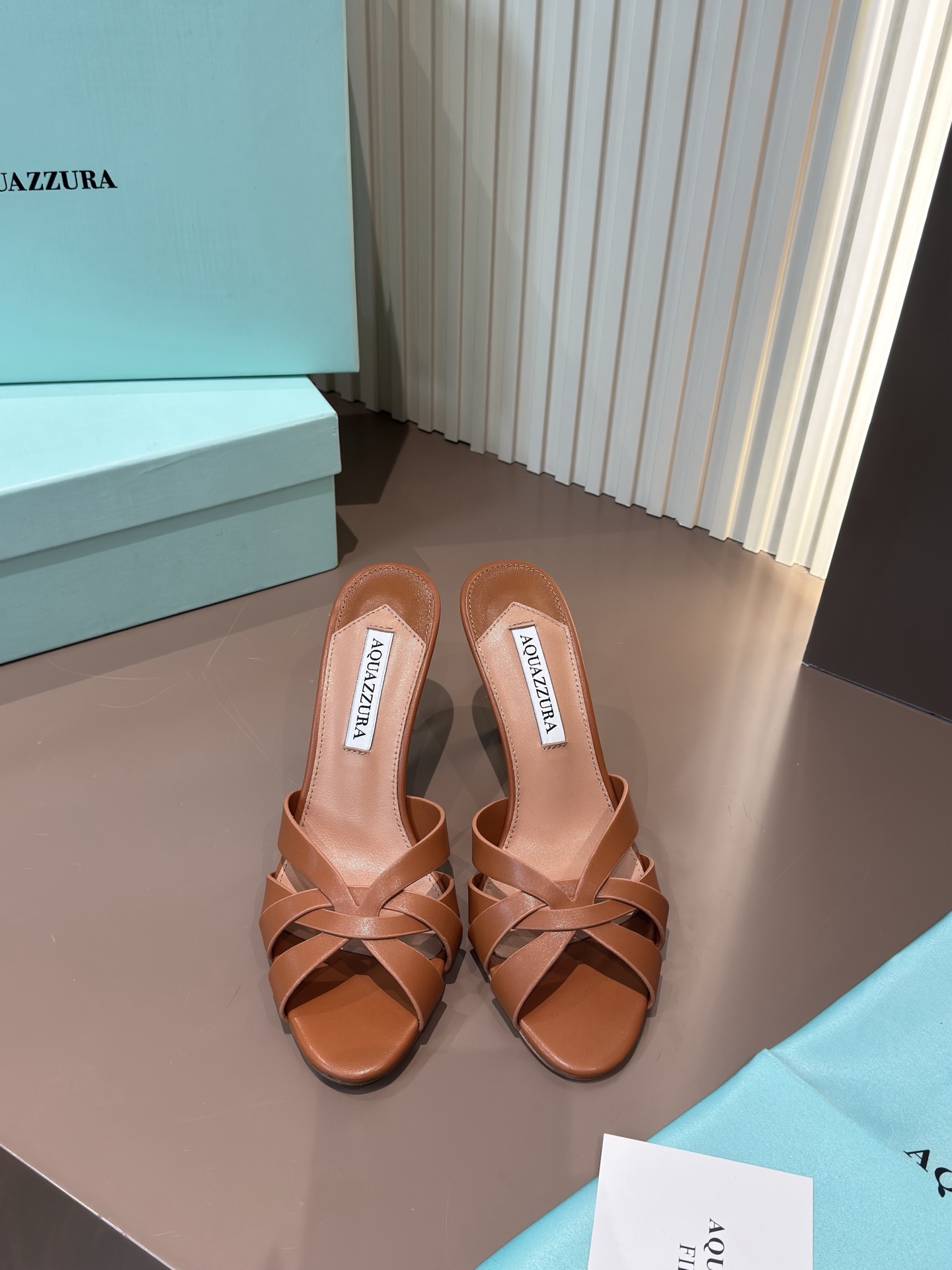 Aquazzura 涼拖 羊皮編織 高跟 棕色
