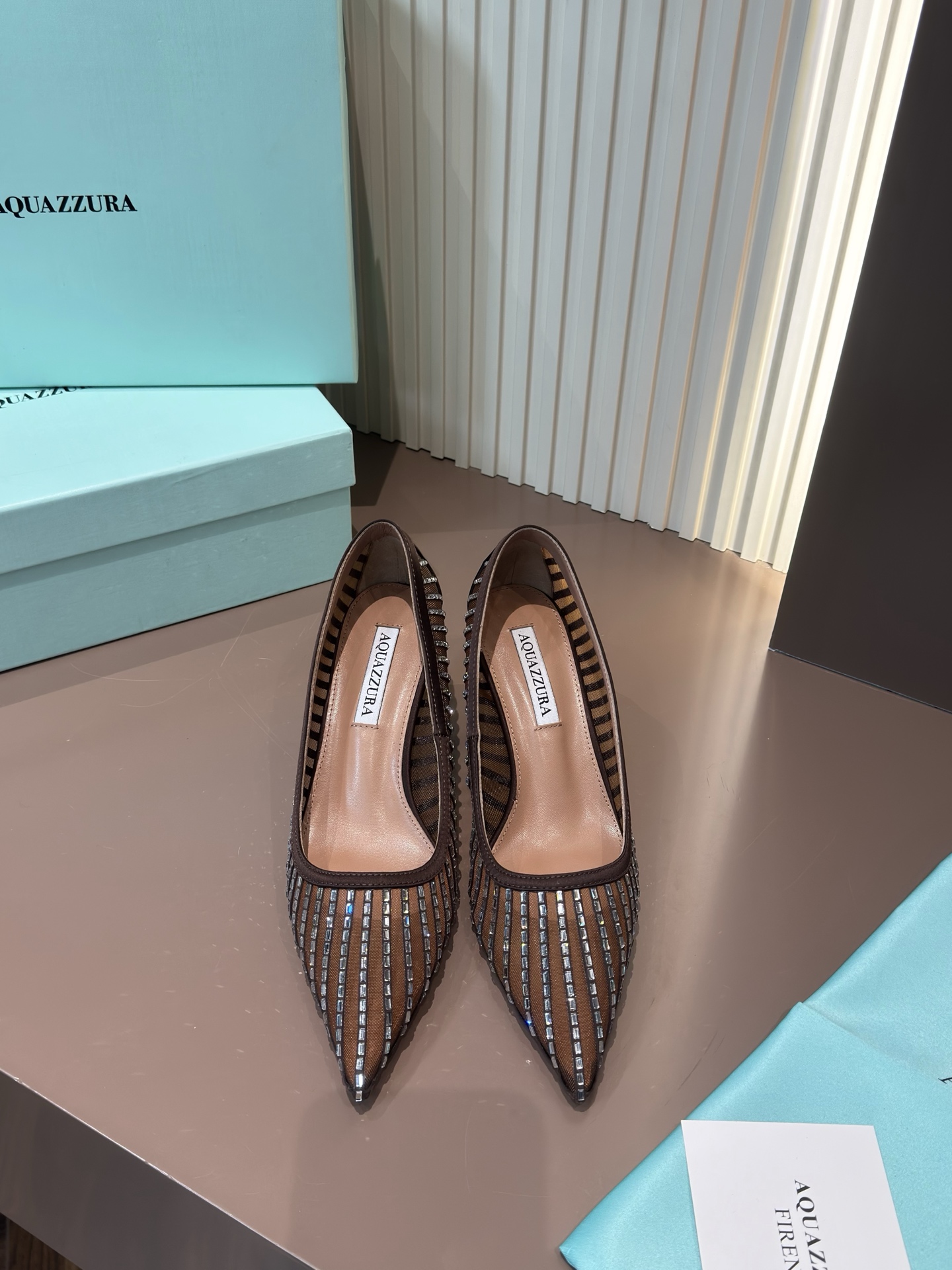 Aquazzura Pointed Toe Mesh Rhinestone High Heels
