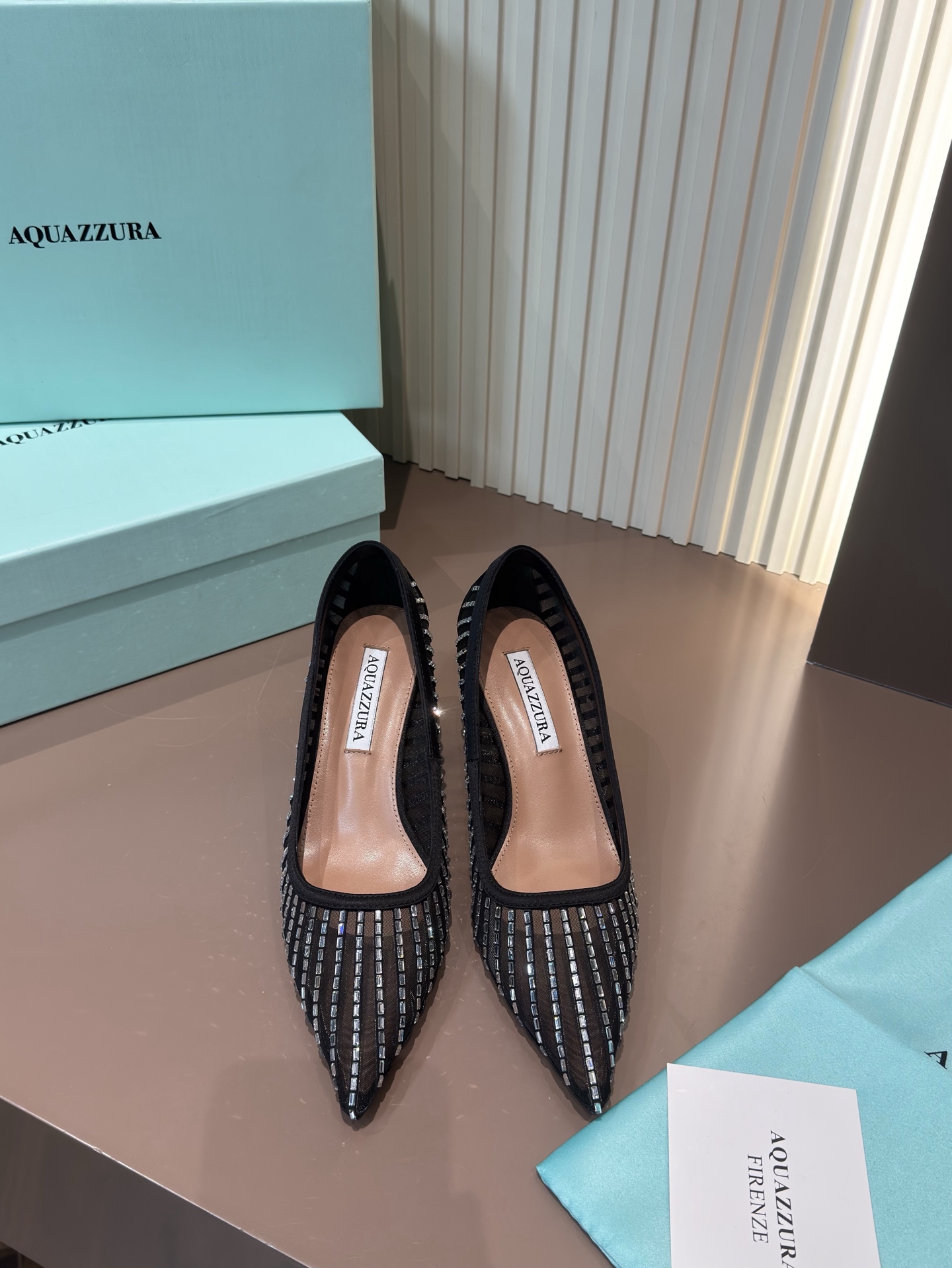 Aquazzura Pointed Toe Mesh Rhinestone High Heels