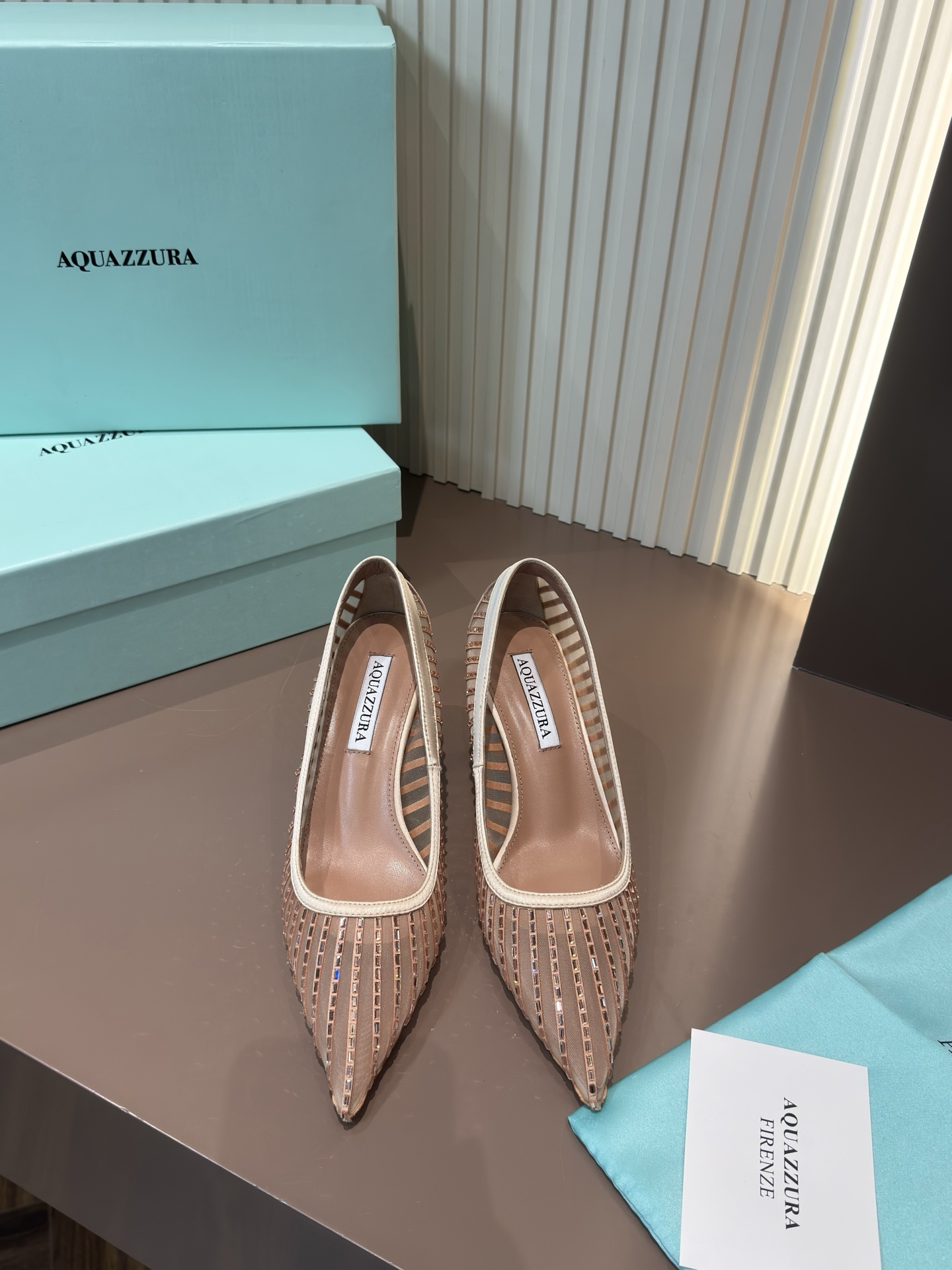Aquazzura Pointed Toe Mesh Crystal Embellished High Heels