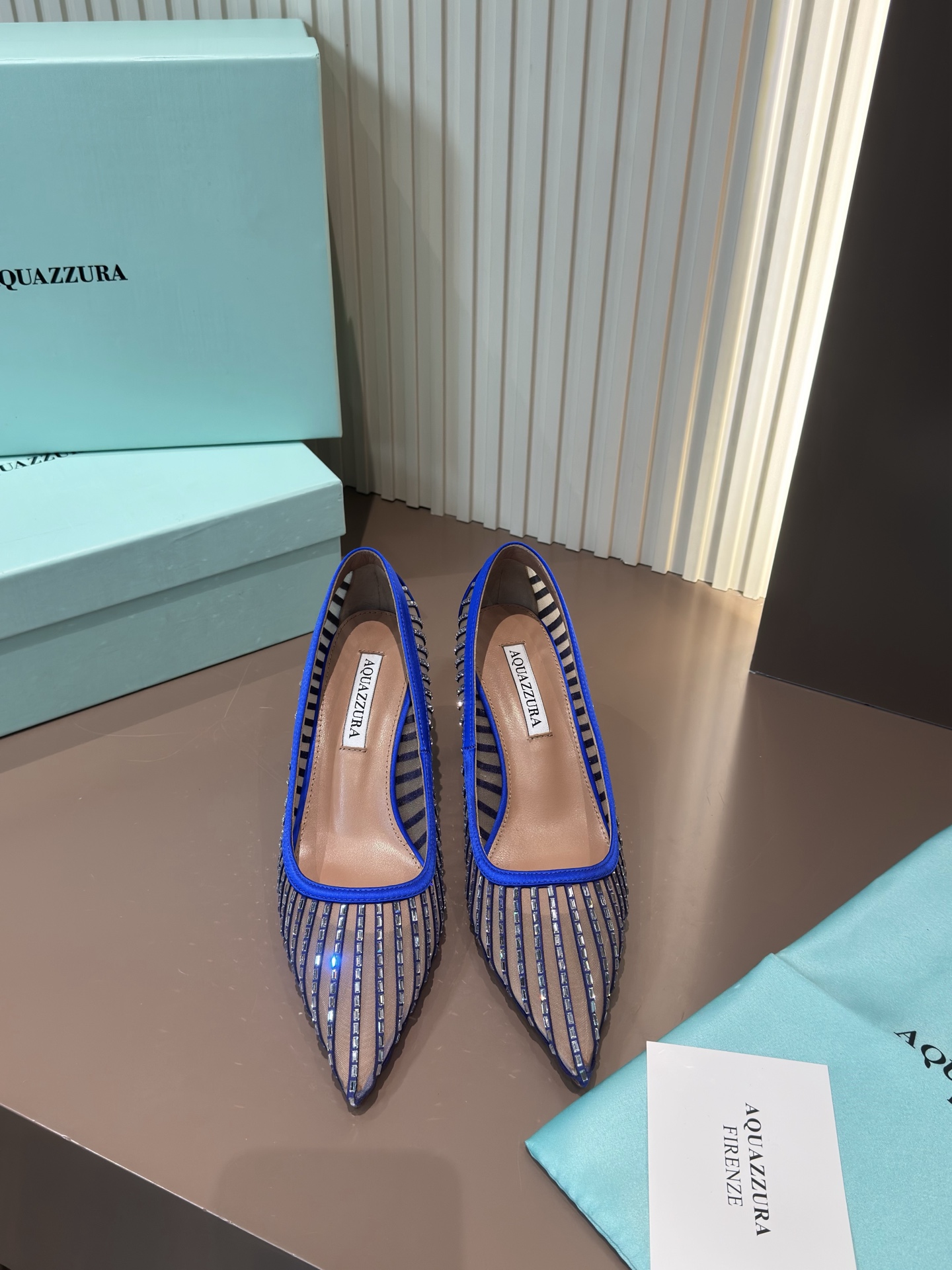 Aquazzura Pointed Toe Mesh Crystal Embellished High Heels