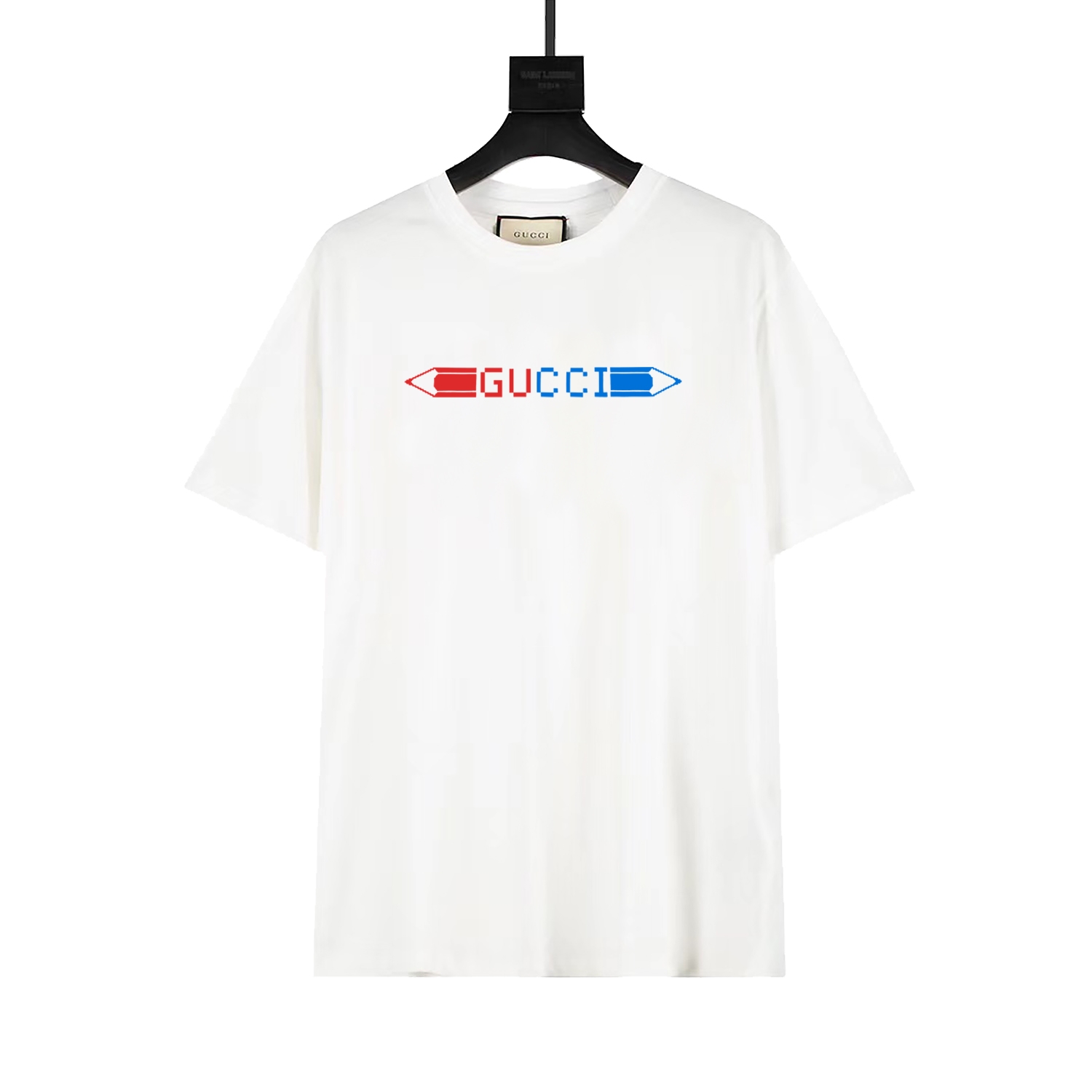 Camiseta de manga corta de cuello redondo con estampado de lápiz y colores contrastantes de gucci, nueva para la primav…