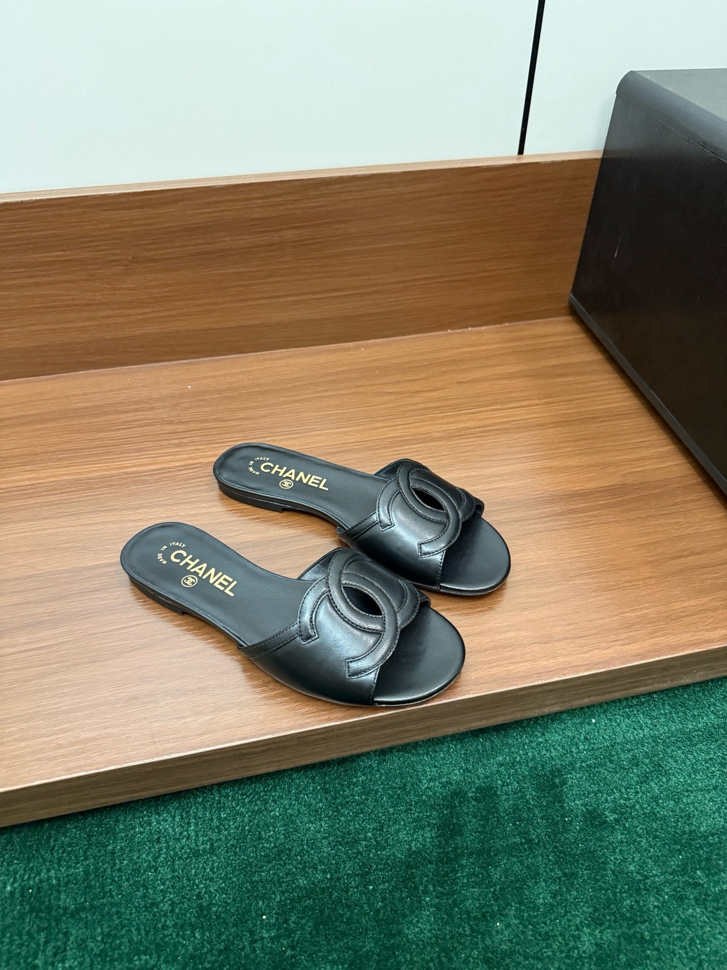 Chanel CC Leather Flat Slide Sandals