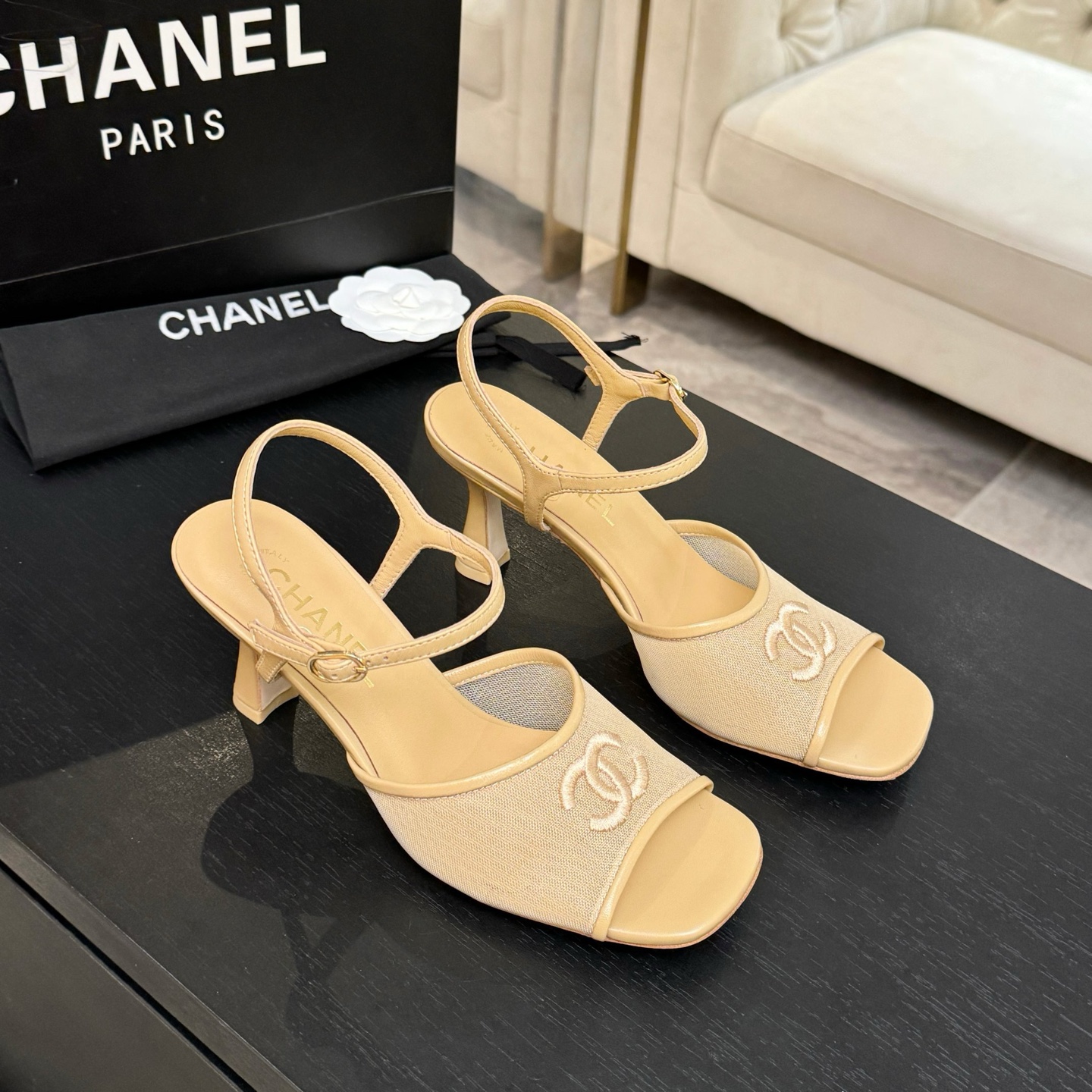 Chanel White Mesh CC Heel Sandals