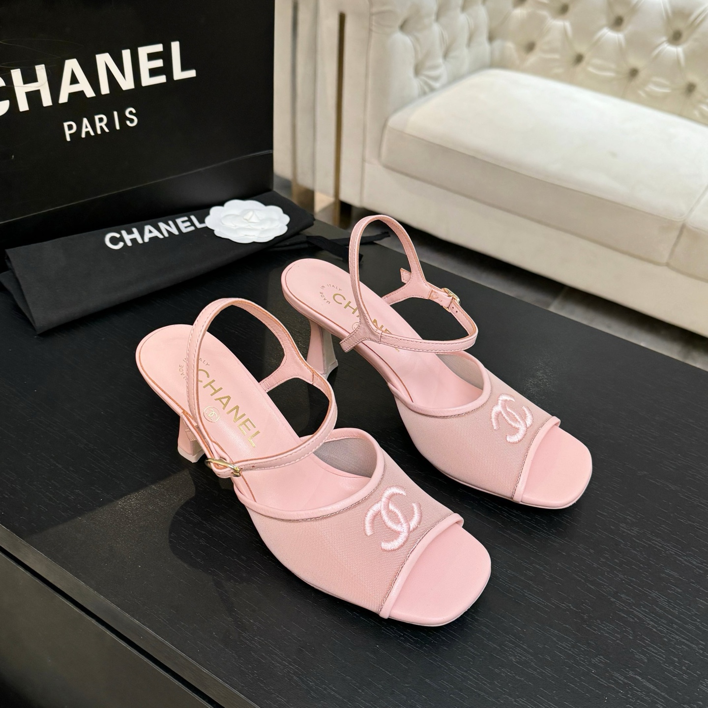 Chanel White Mesh CC Heel Sandals