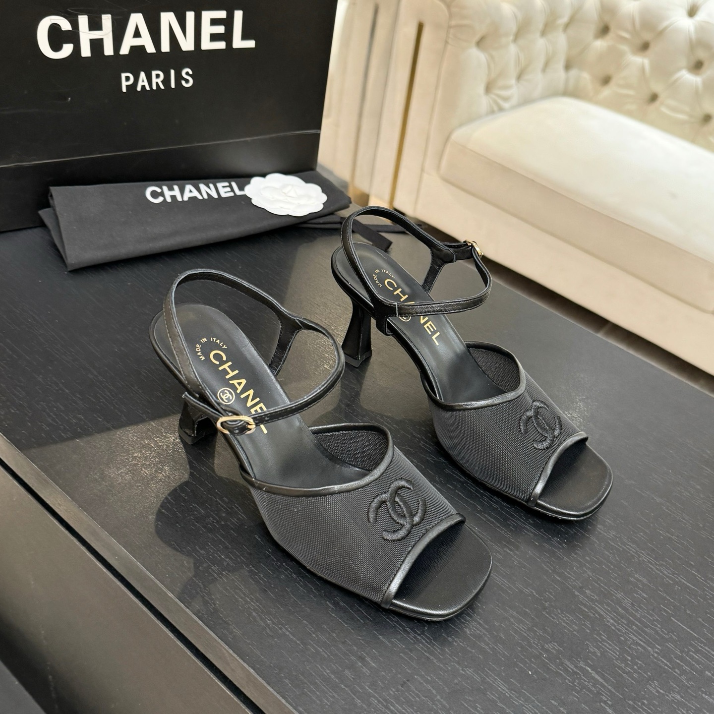 Chanel White Mesh CC Heel Sandals