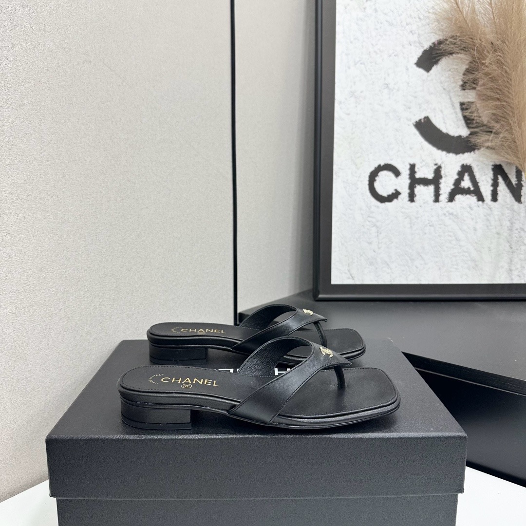 Chanel Black CC Thong Slide Sandals
