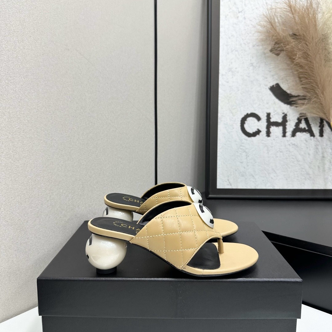 Chanel Quilted CC Ball Heel Thong Mules