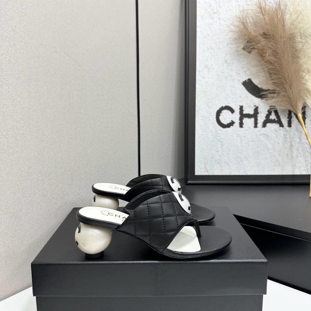 Chanel Quilted CC Ball Heel Thong Mules