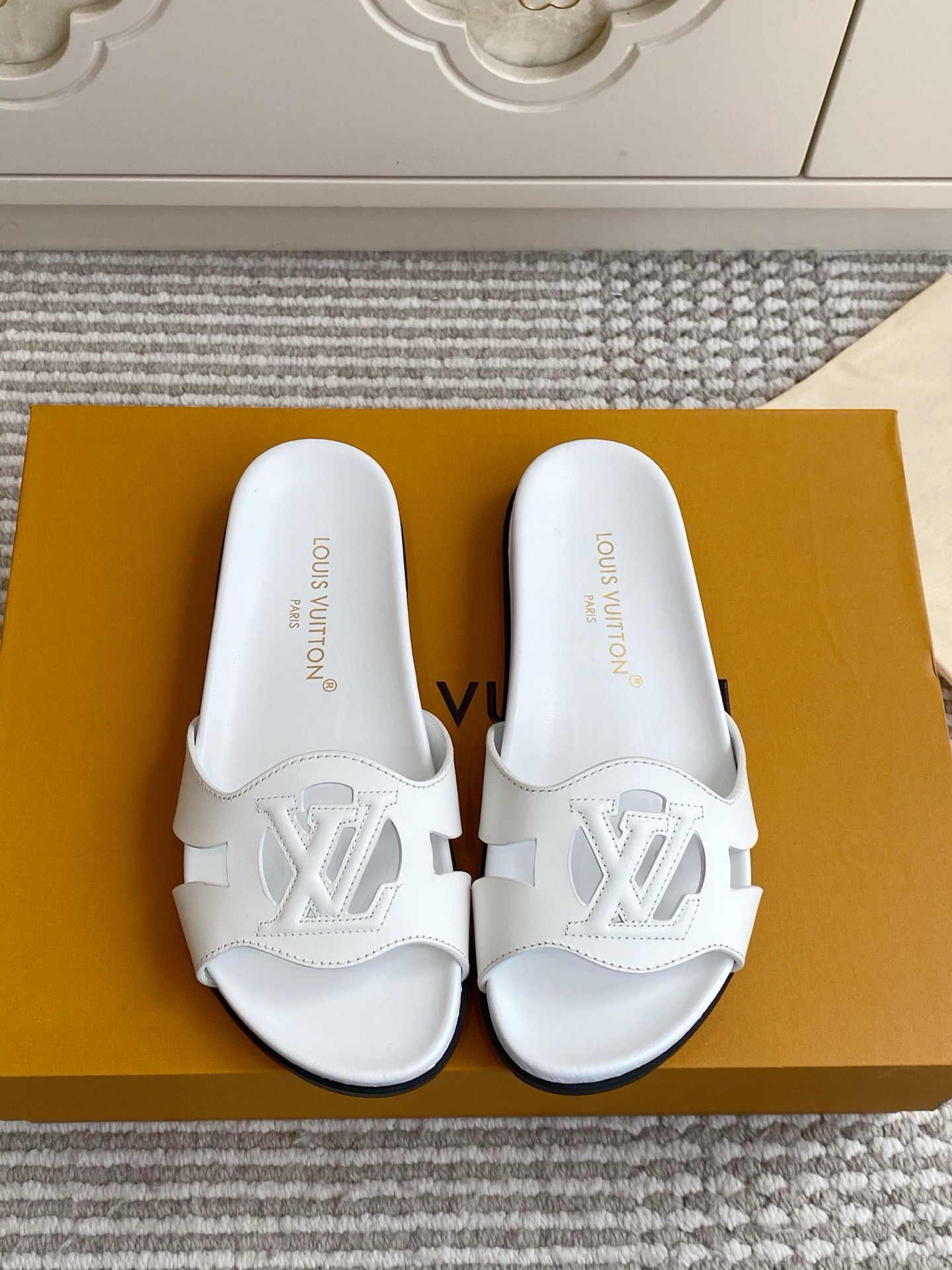LV Brown Leather Cutout Logo Slide Sandals