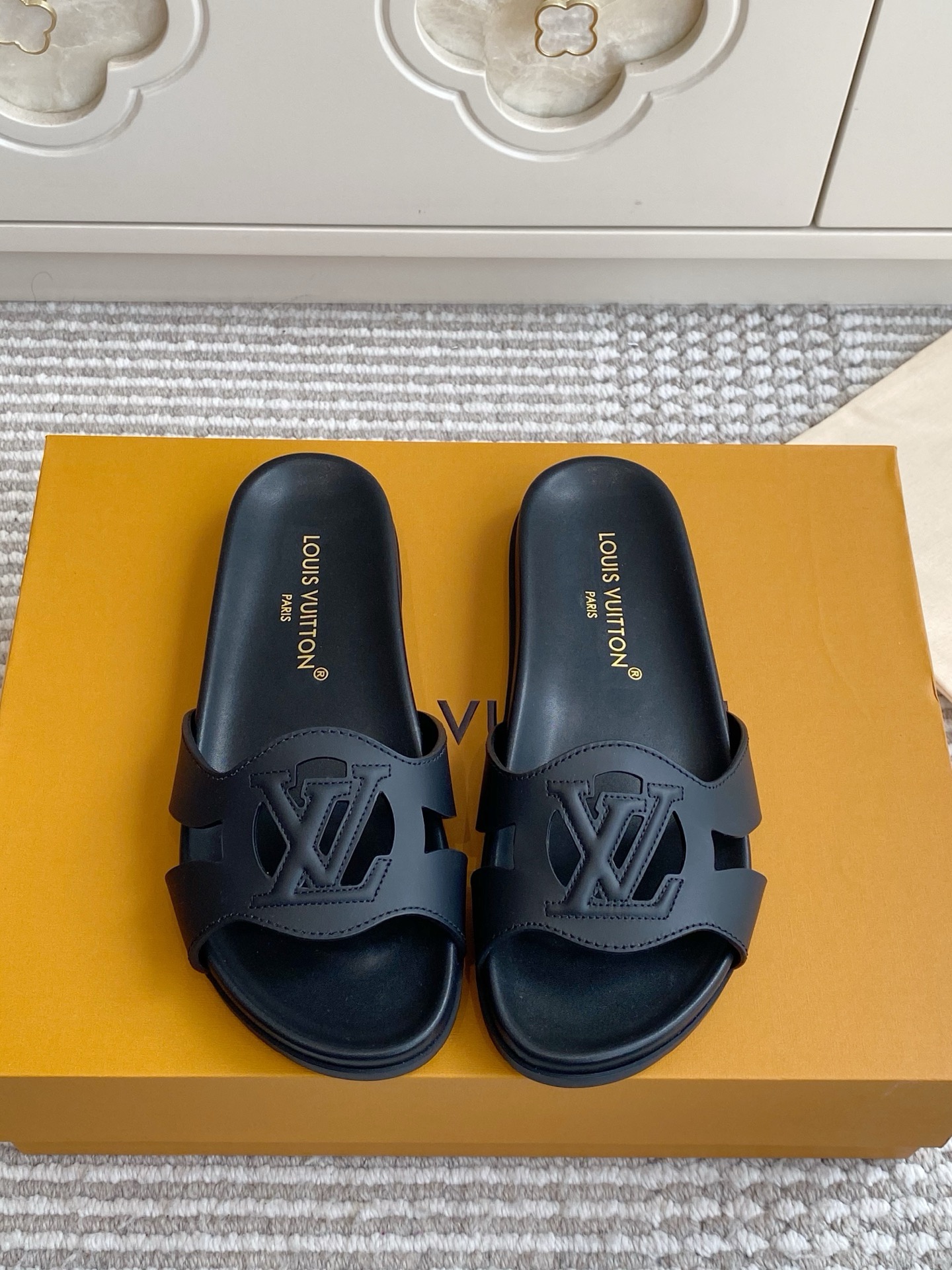 LV Brown Leather Cutout Logo Slide Sandals