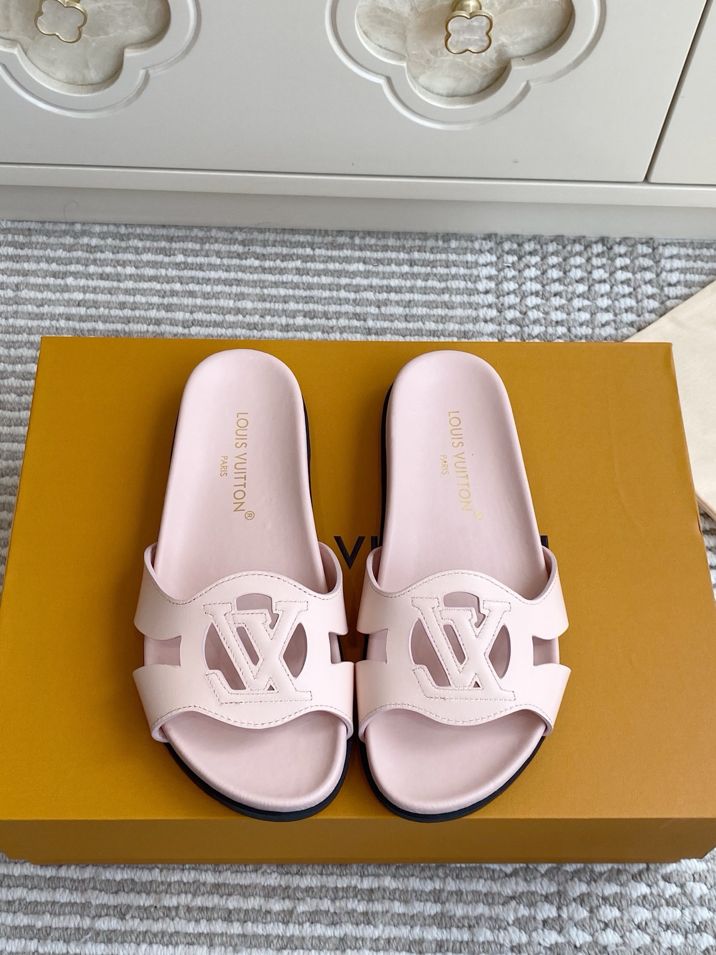 LV Brown Leather Cutout Logo Slide Sandals