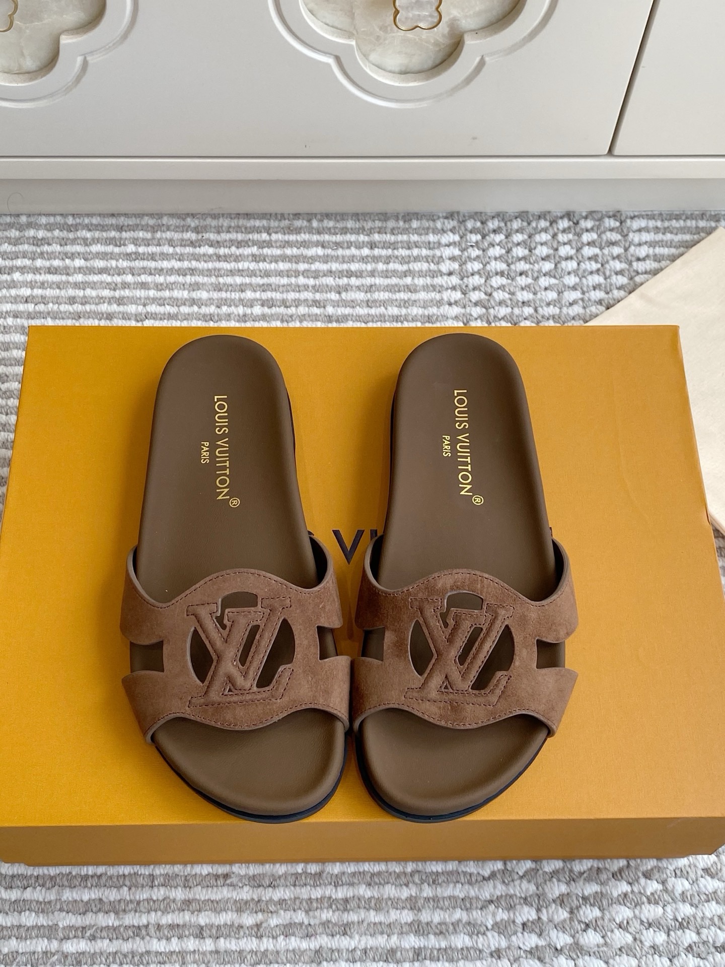 LV Brown Leather Cutout Logo Slide Sandals