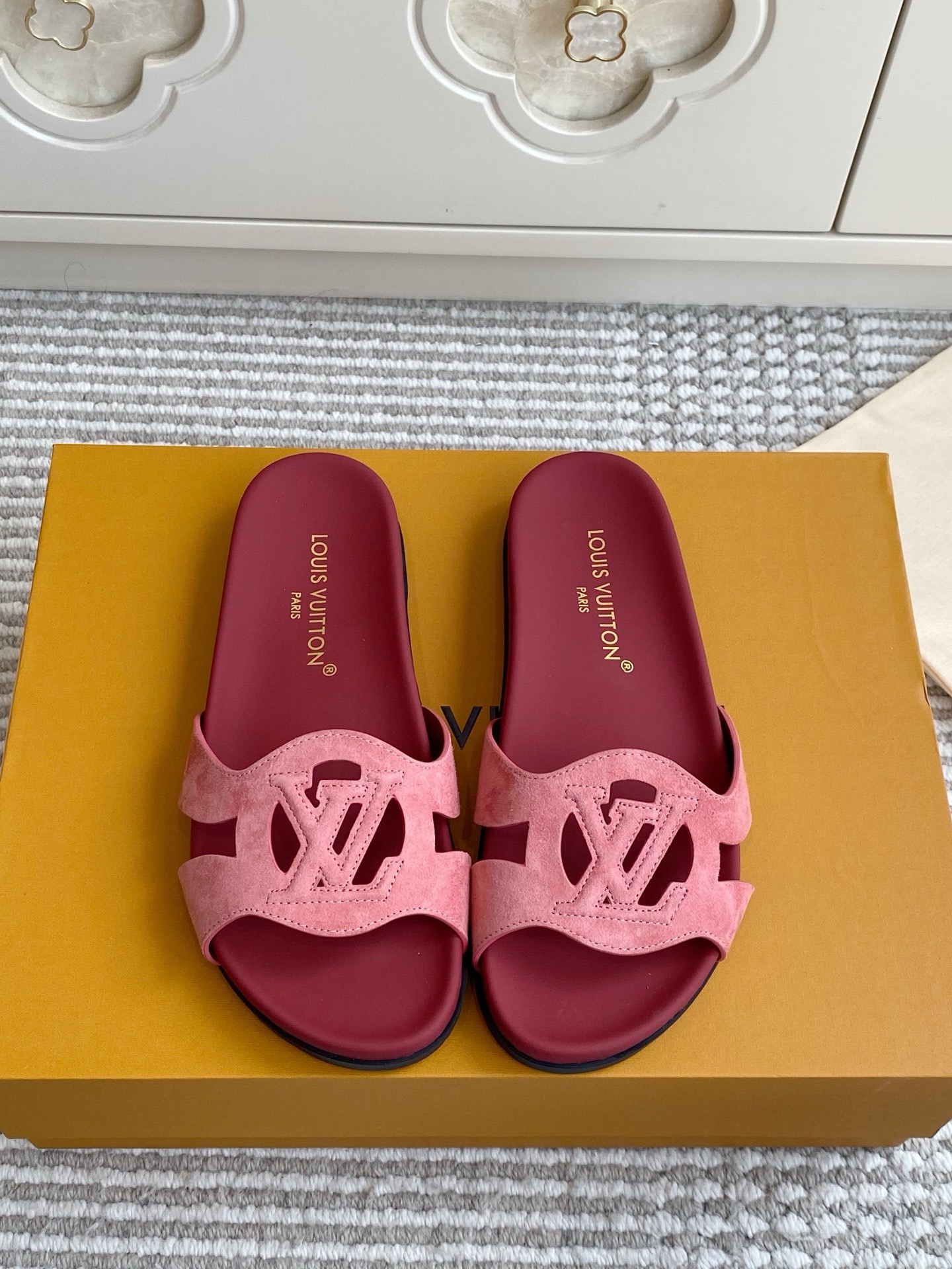 LV Brown Leather Cutout Logo Slide Sandals