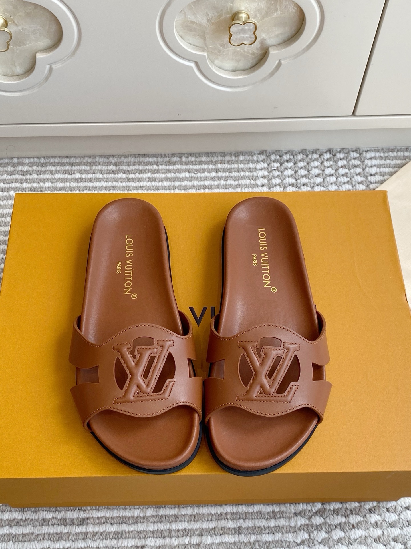 LV Brown Leather Cutout Logo Slide Sandals