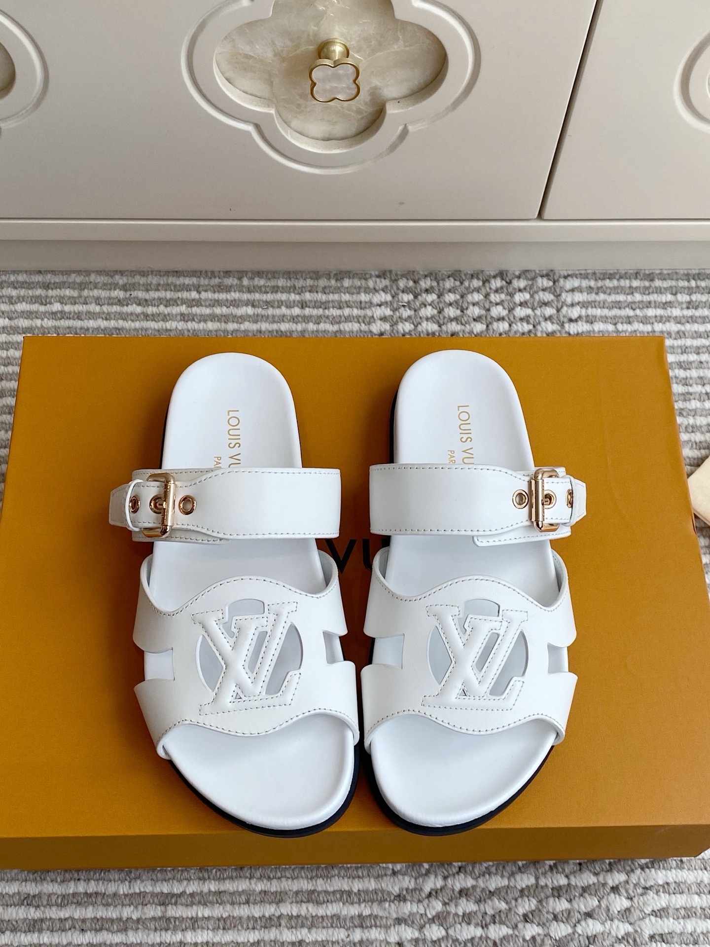 LV Brown Leather Cutout Logo Slide Sandals