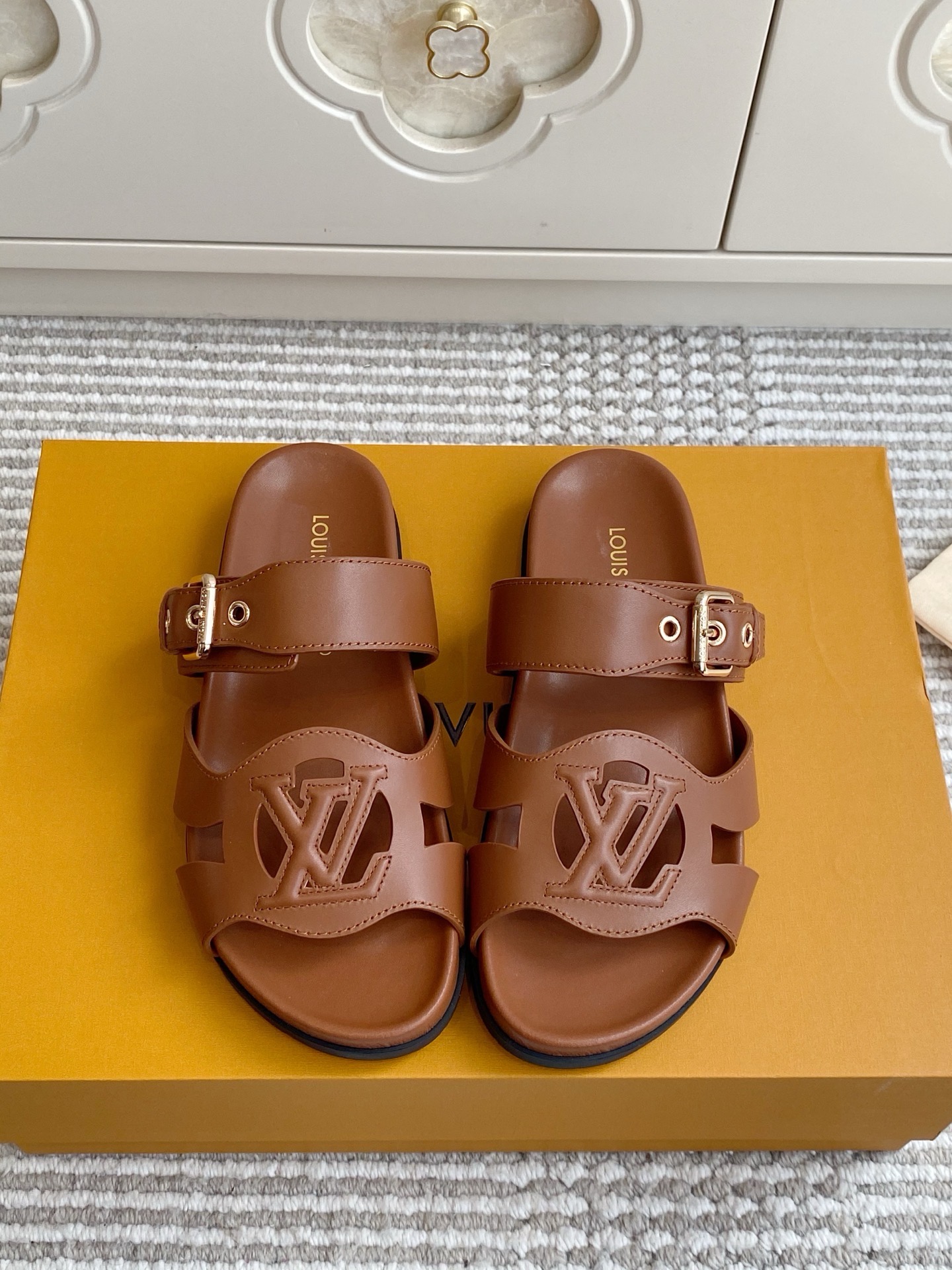 LV Brown Leather Cutout Logo Slide Sandals