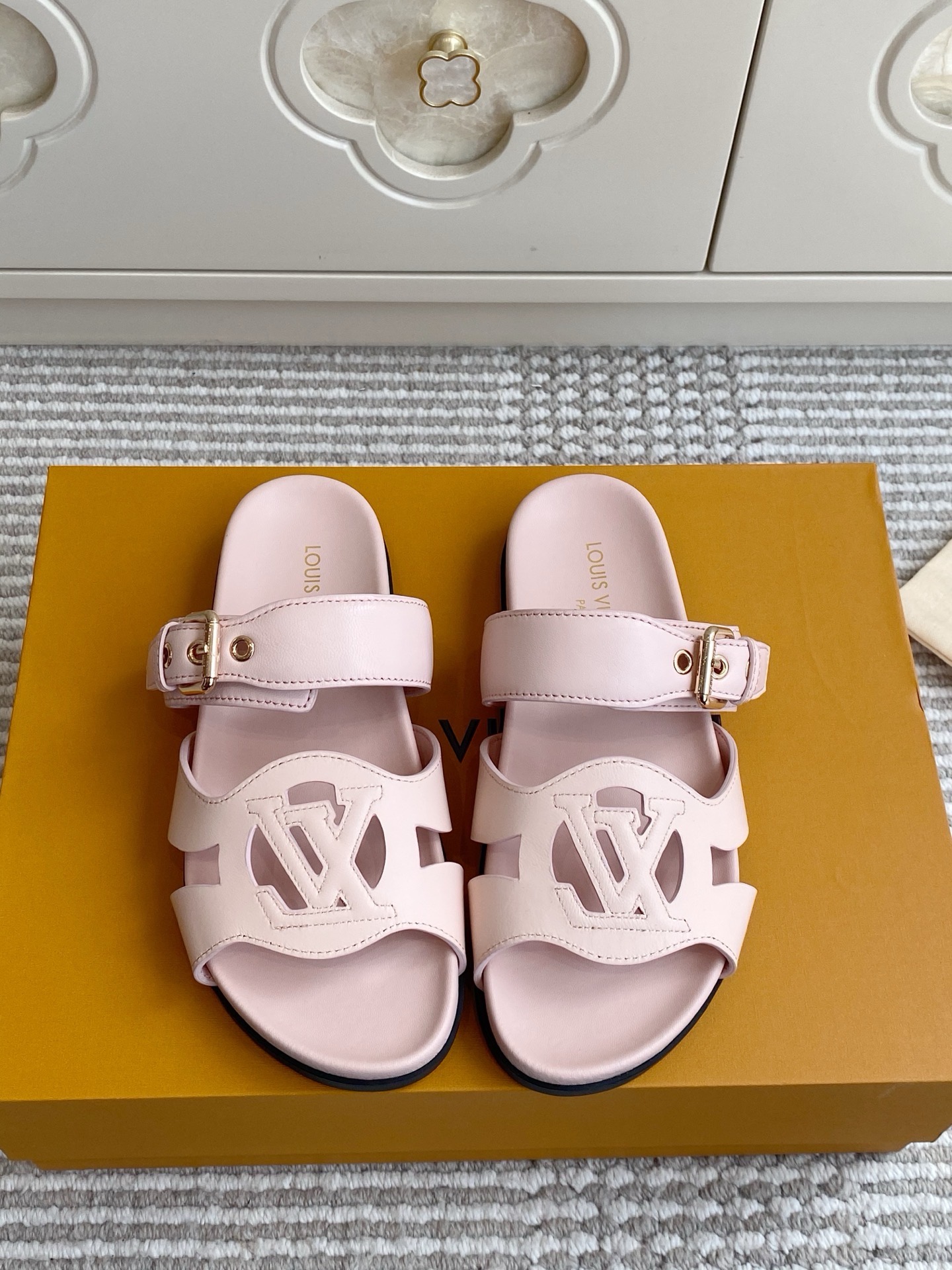 LV Brown Leather Cutout Logo Slide Sandals