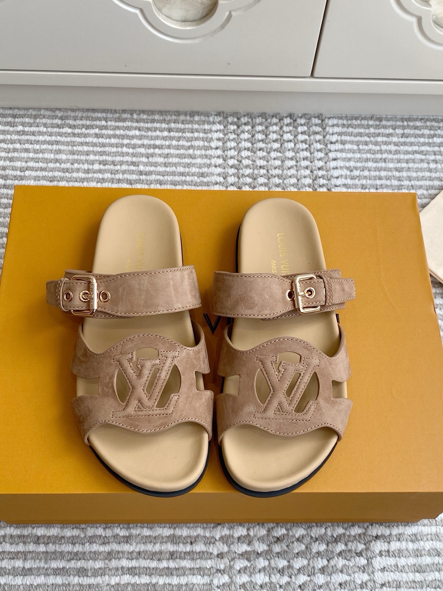 LV Brown Leather Cutout Logo Slide Sandals