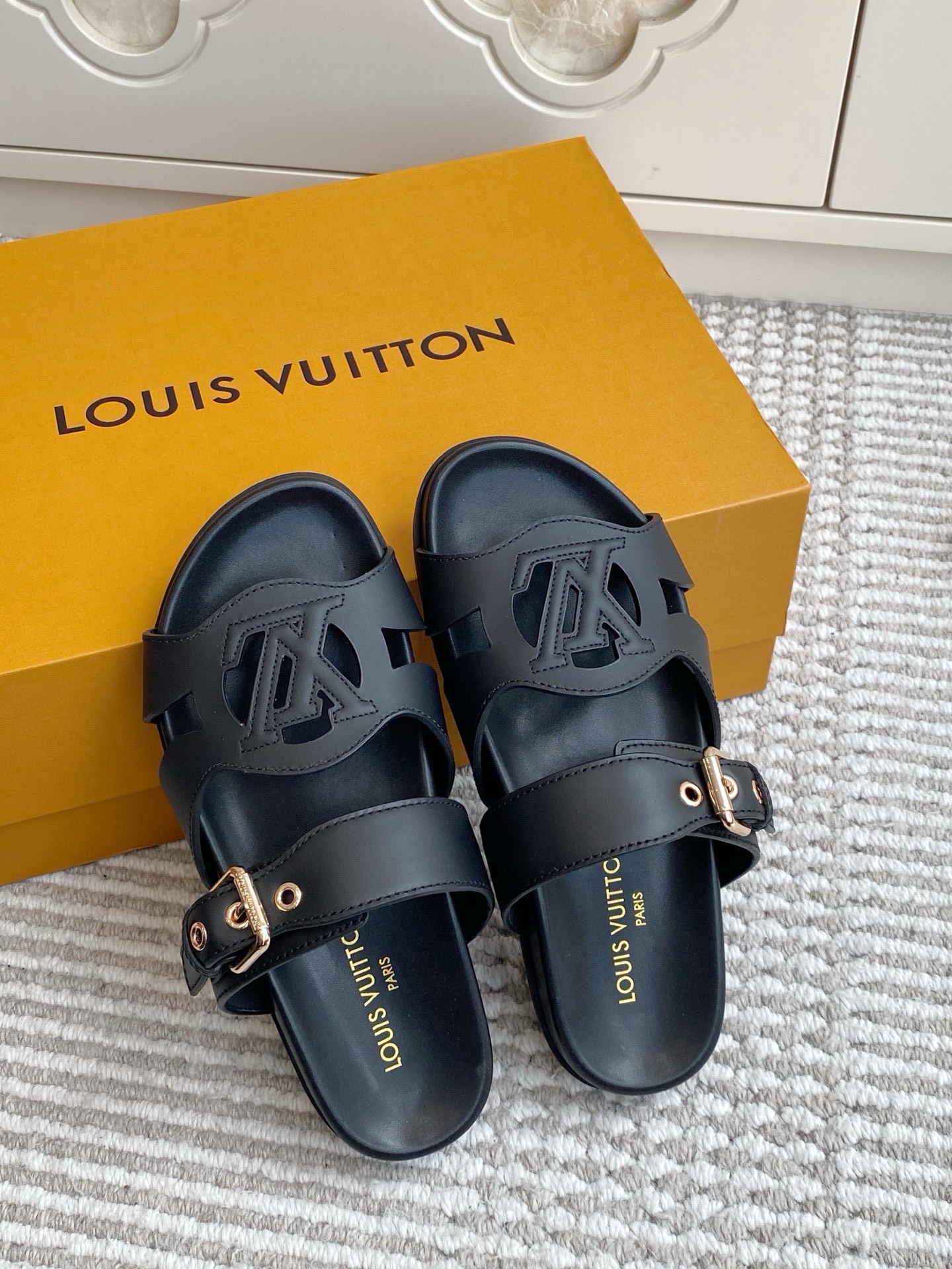 LV Brown Leather Cutout Logo Slide Sandals