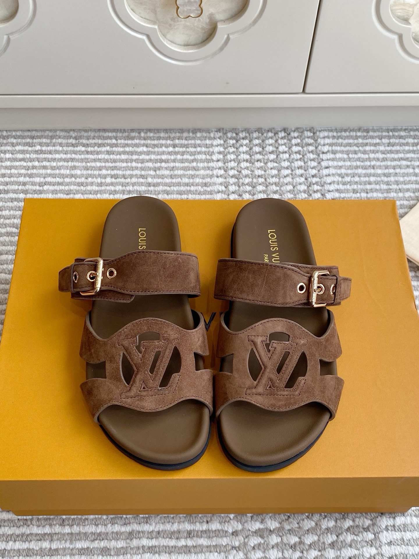 LV Brown Leather Cutout Logo Slide Sandals