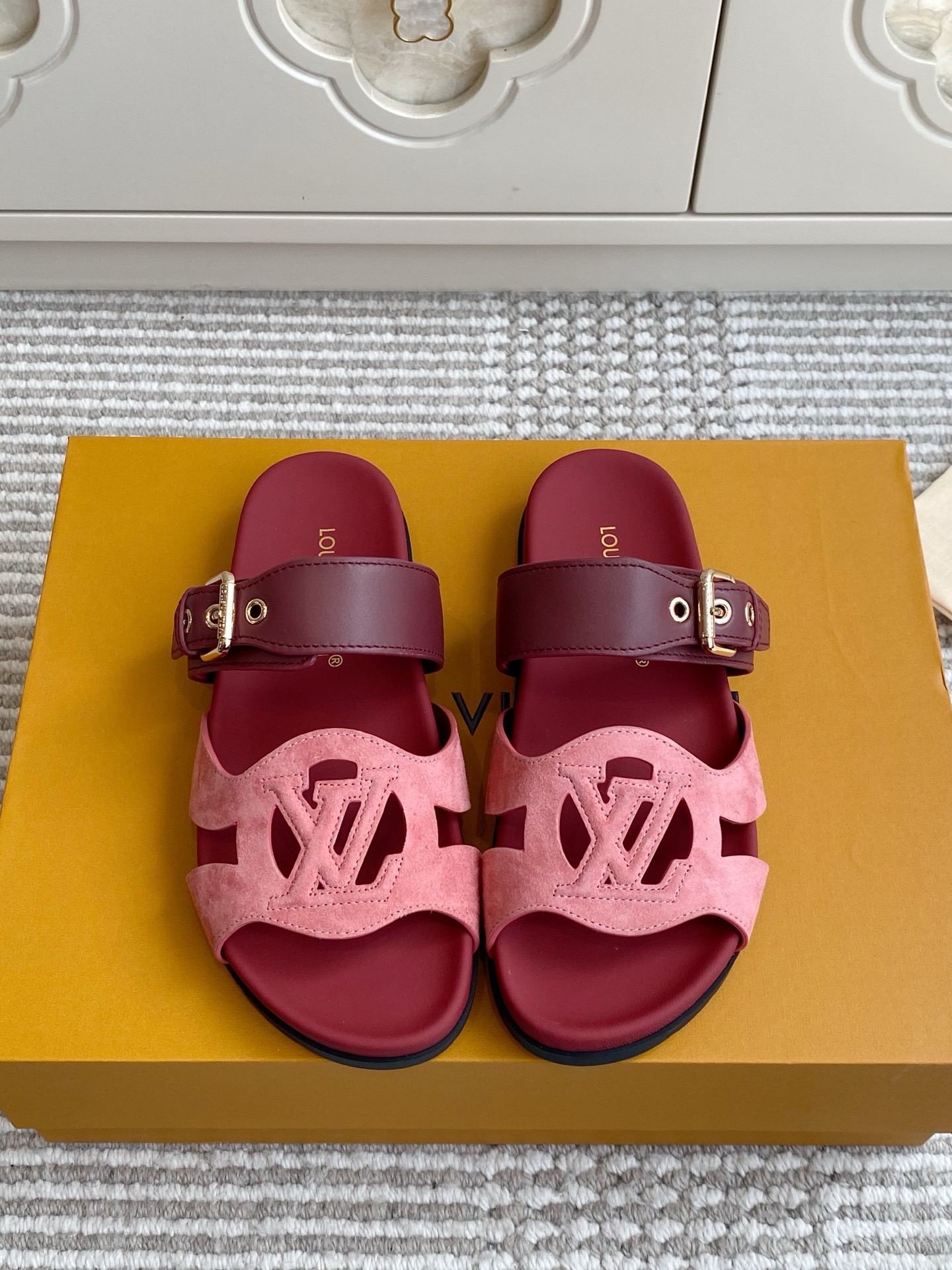 LV Brown Leather Cutout Logo Slide Sandals