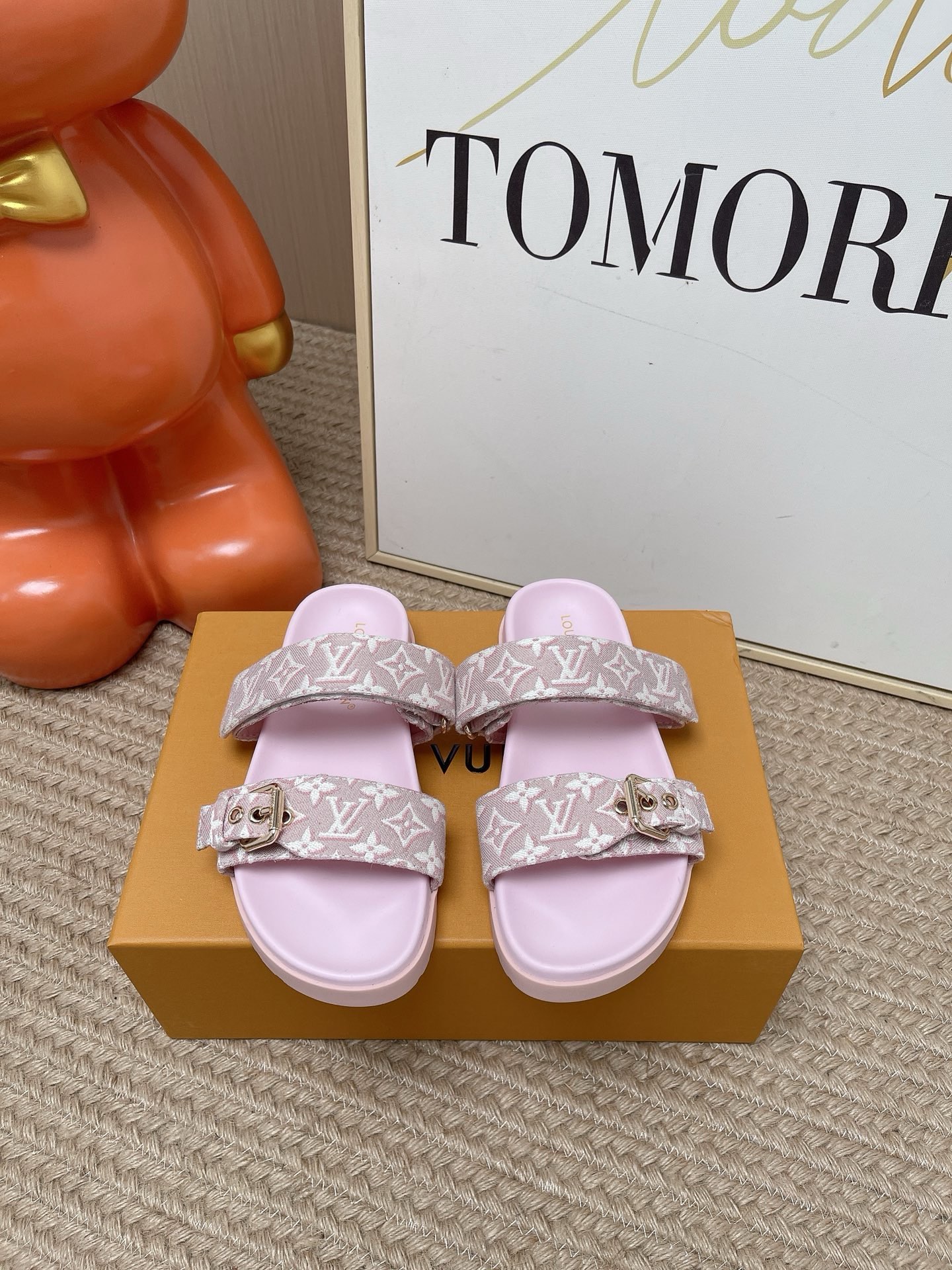 LV Brown Leather Cutout Logo Slide Sandals