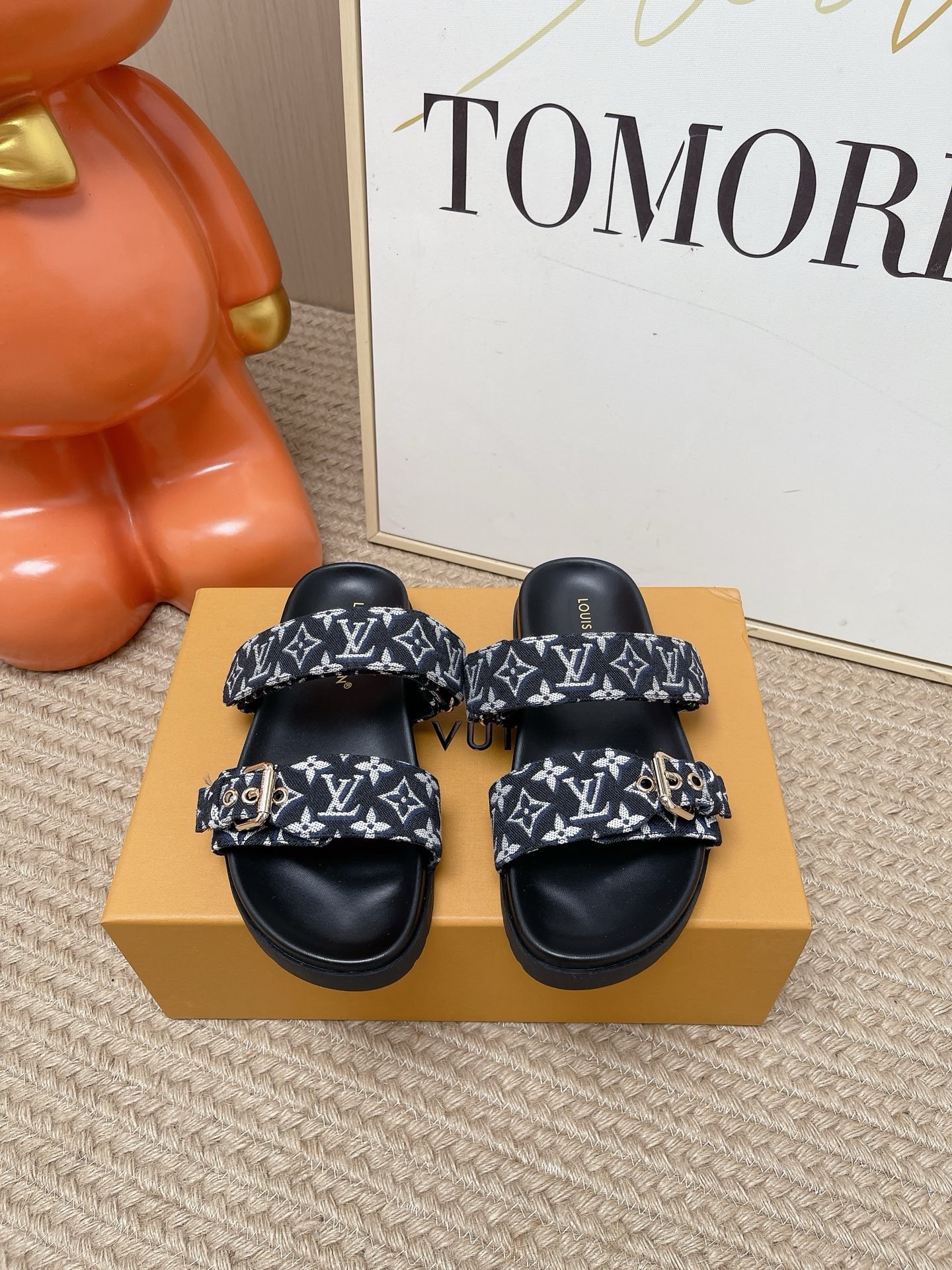 LV Brown Leather Cutout Logo Slide Sandals